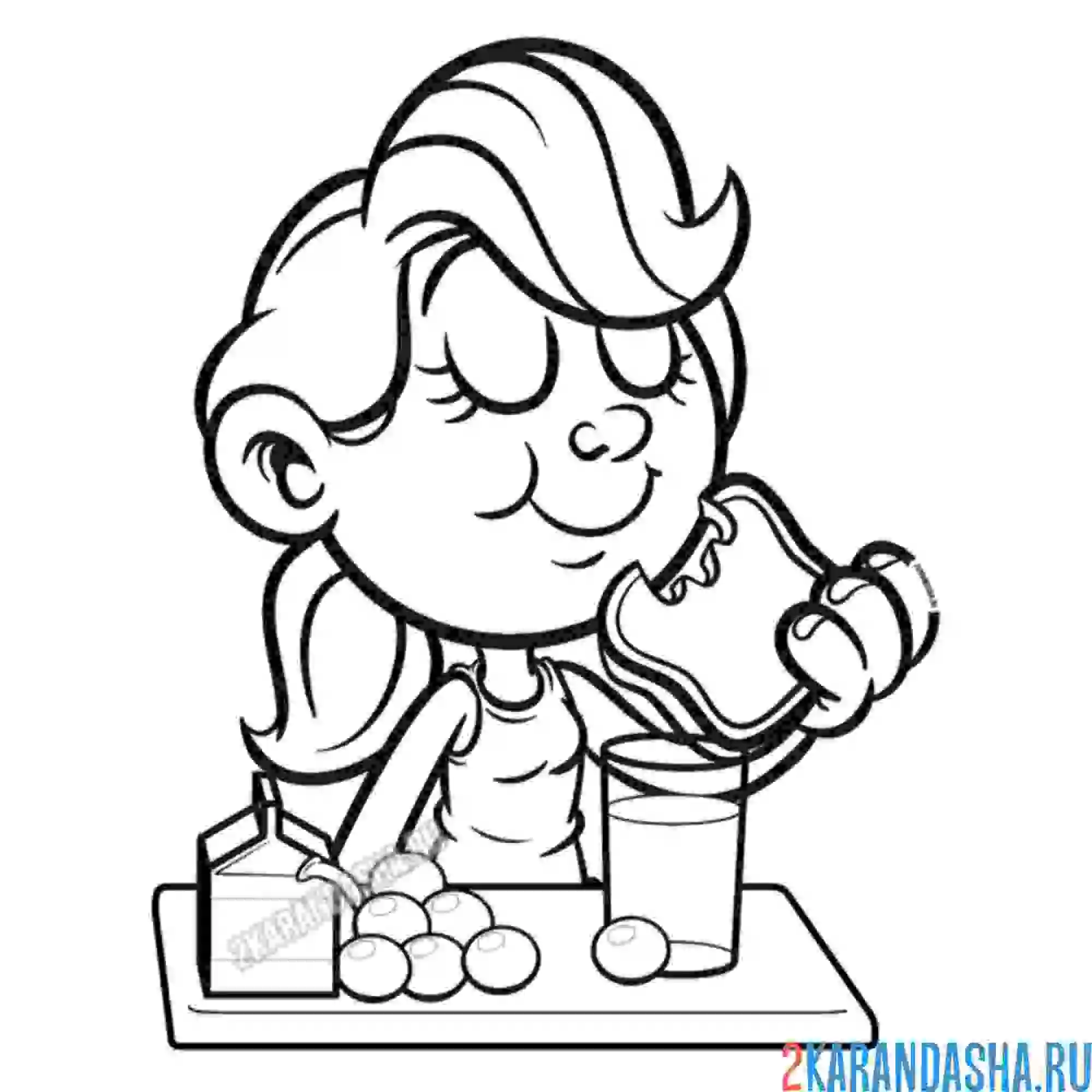 Раскраска девочка ест фрукты, виноград и бутерброд