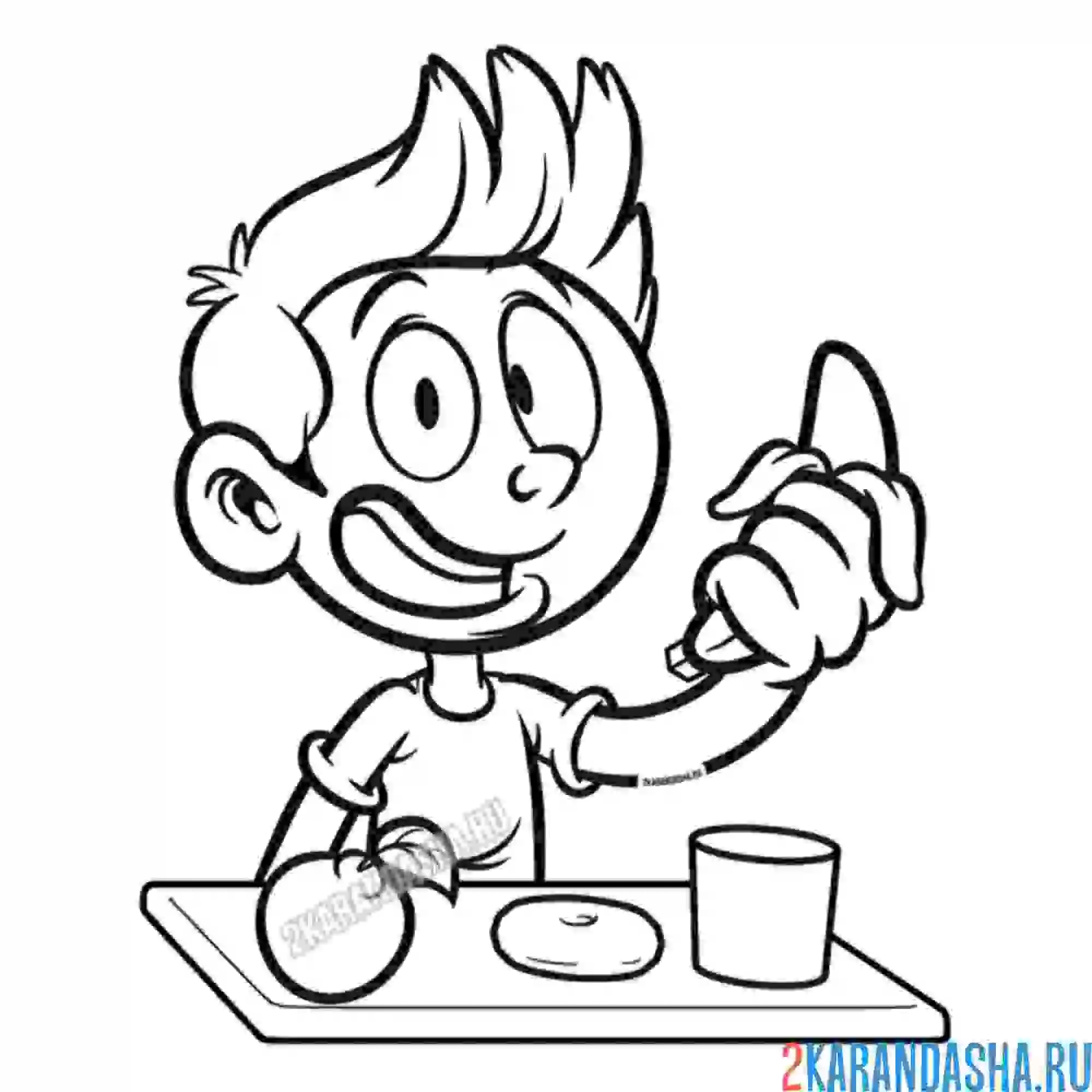 Раскраска мальчик в школе ест фрукты банан, апельсин и пончик