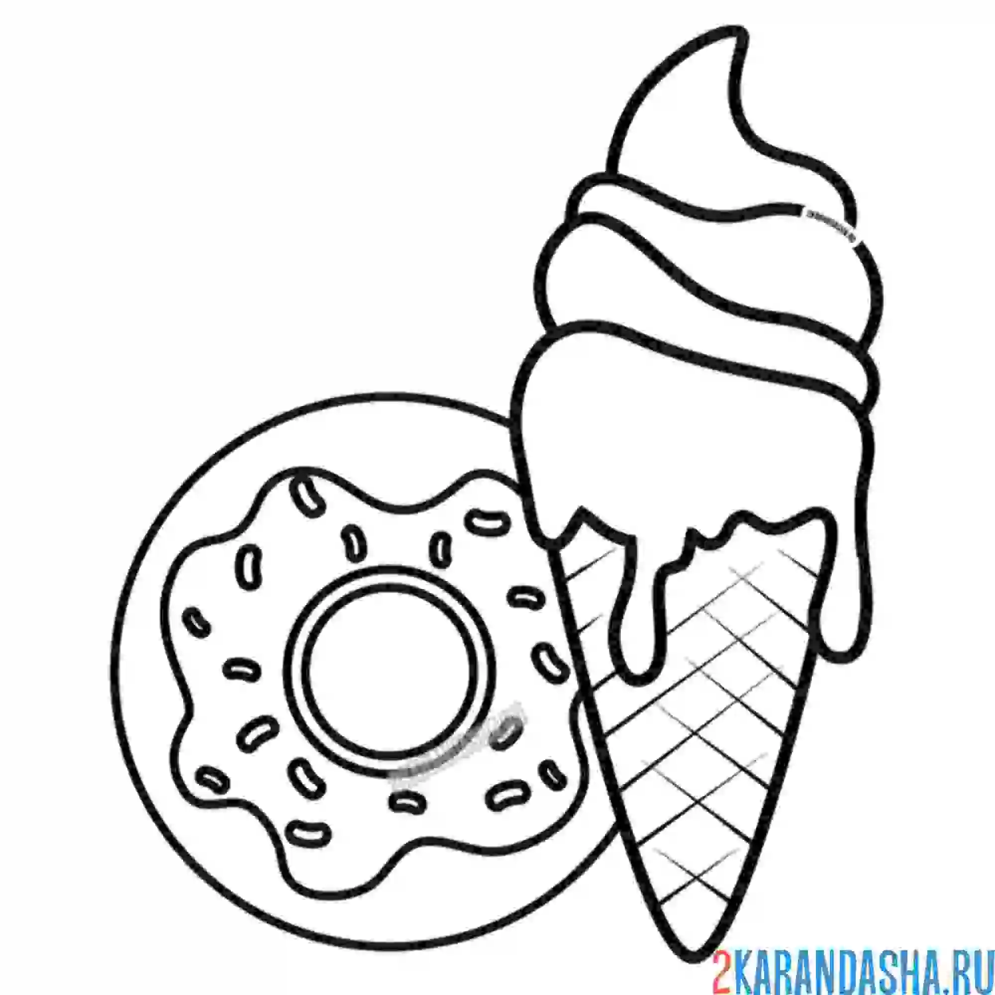 Раскраска мороженое и пончик, сладкий десерт