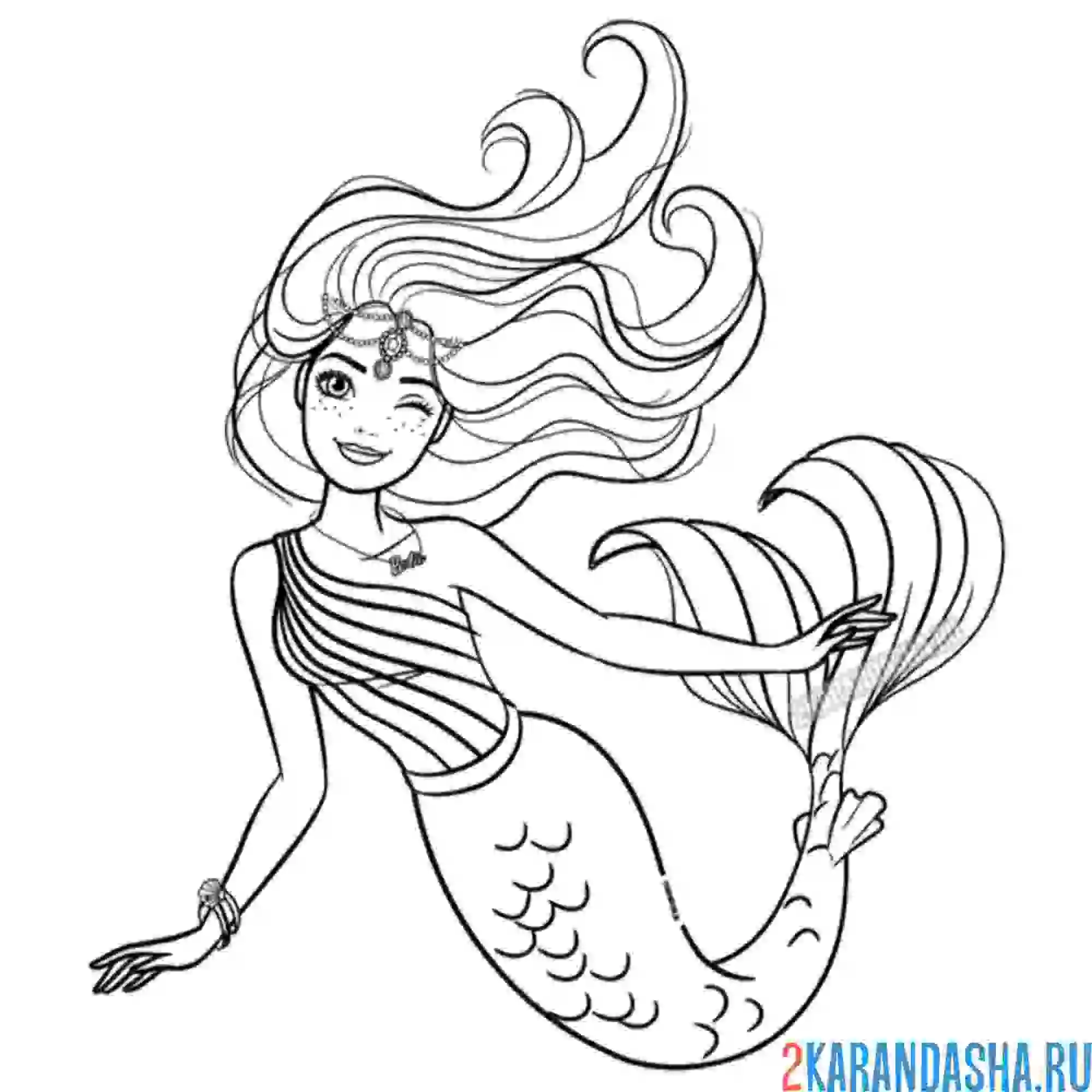 Раскраска барби красивая русалка с длинными волосами