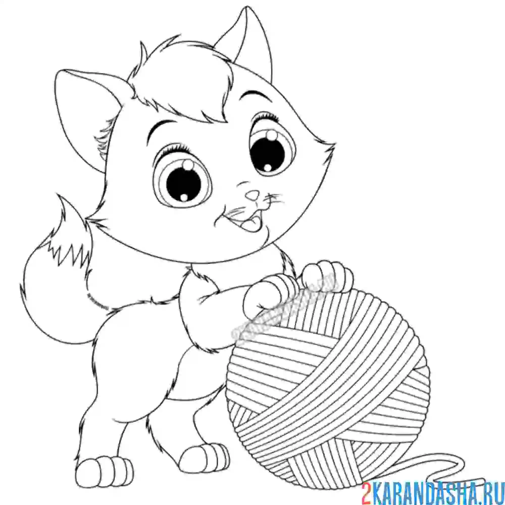 Раскраска пушистый котенок с клубочком