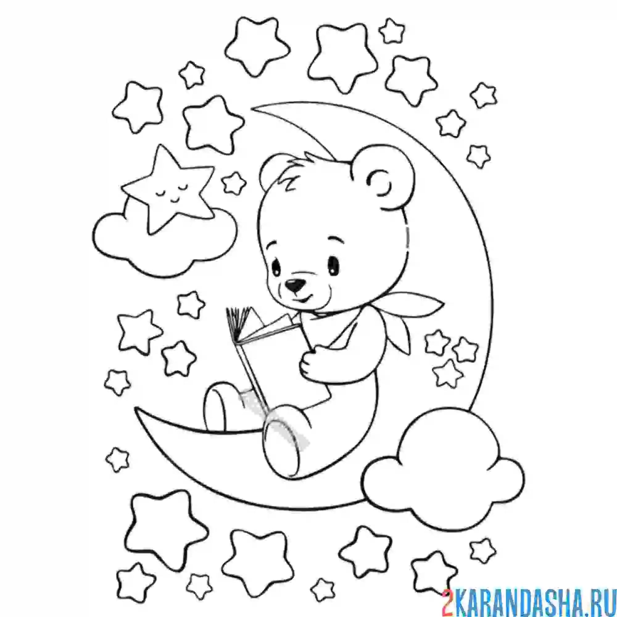 Раскраска милый мишка на луне