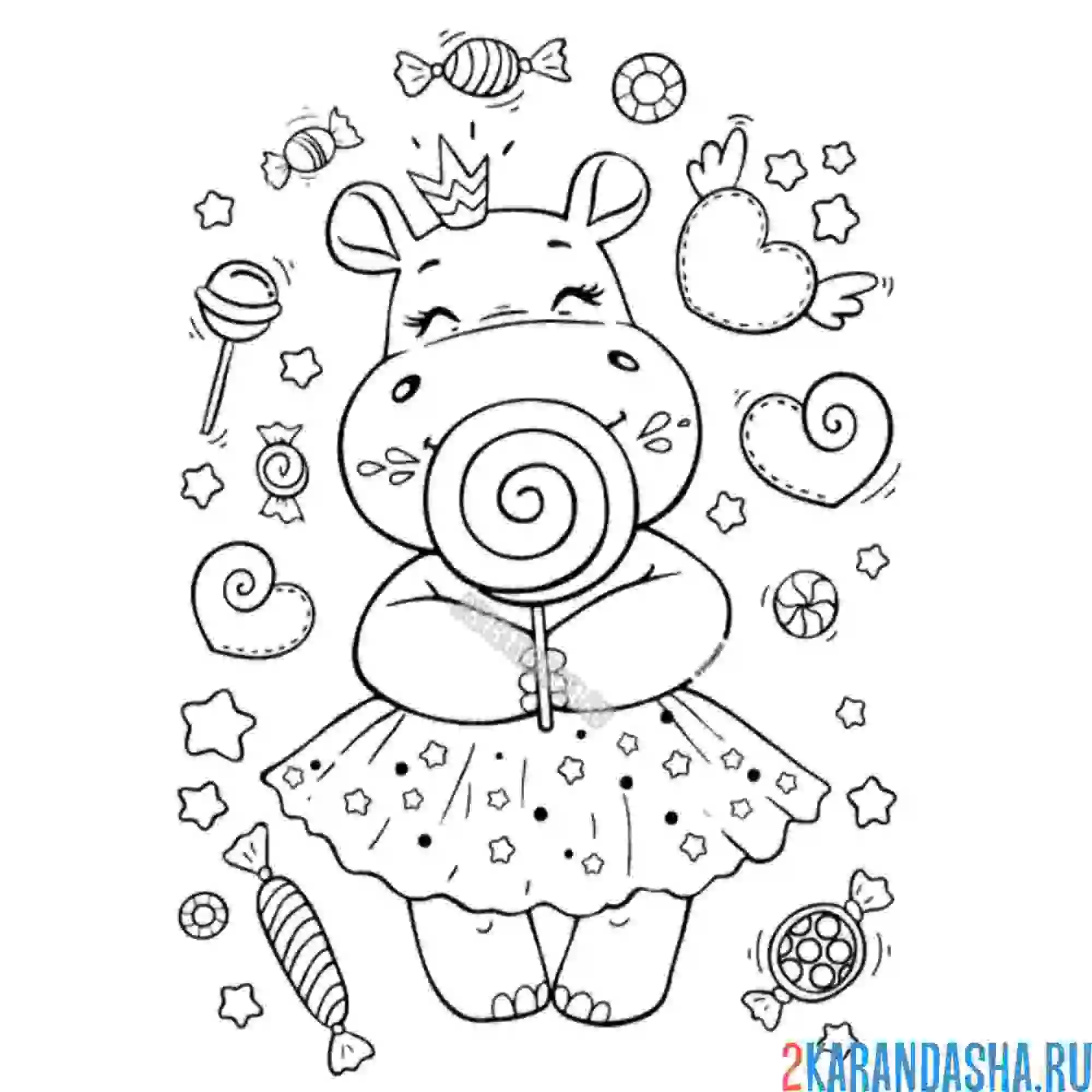 Раскраска милый бегемот девочка