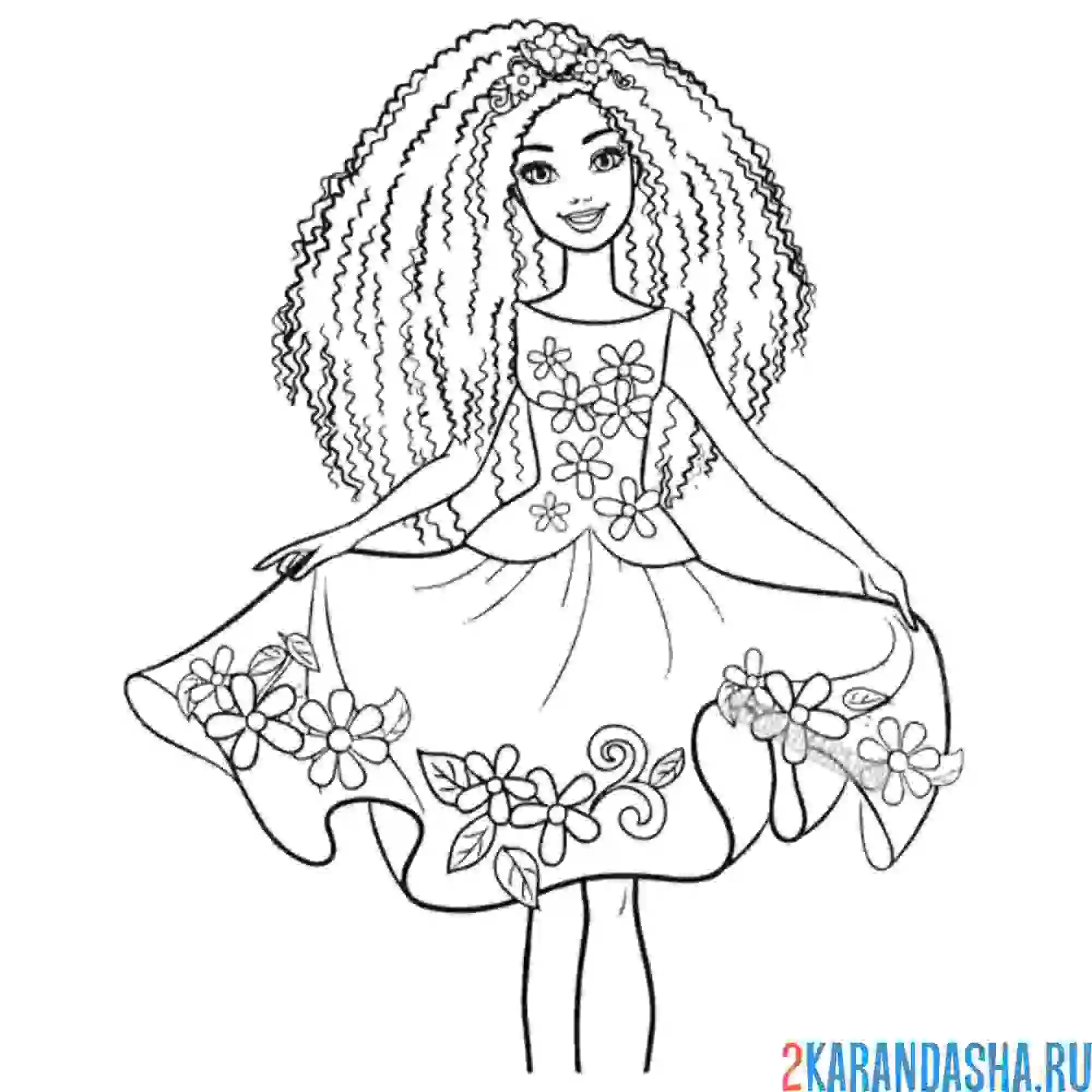 Раскраска барби с кудрявыми волосами и в платье