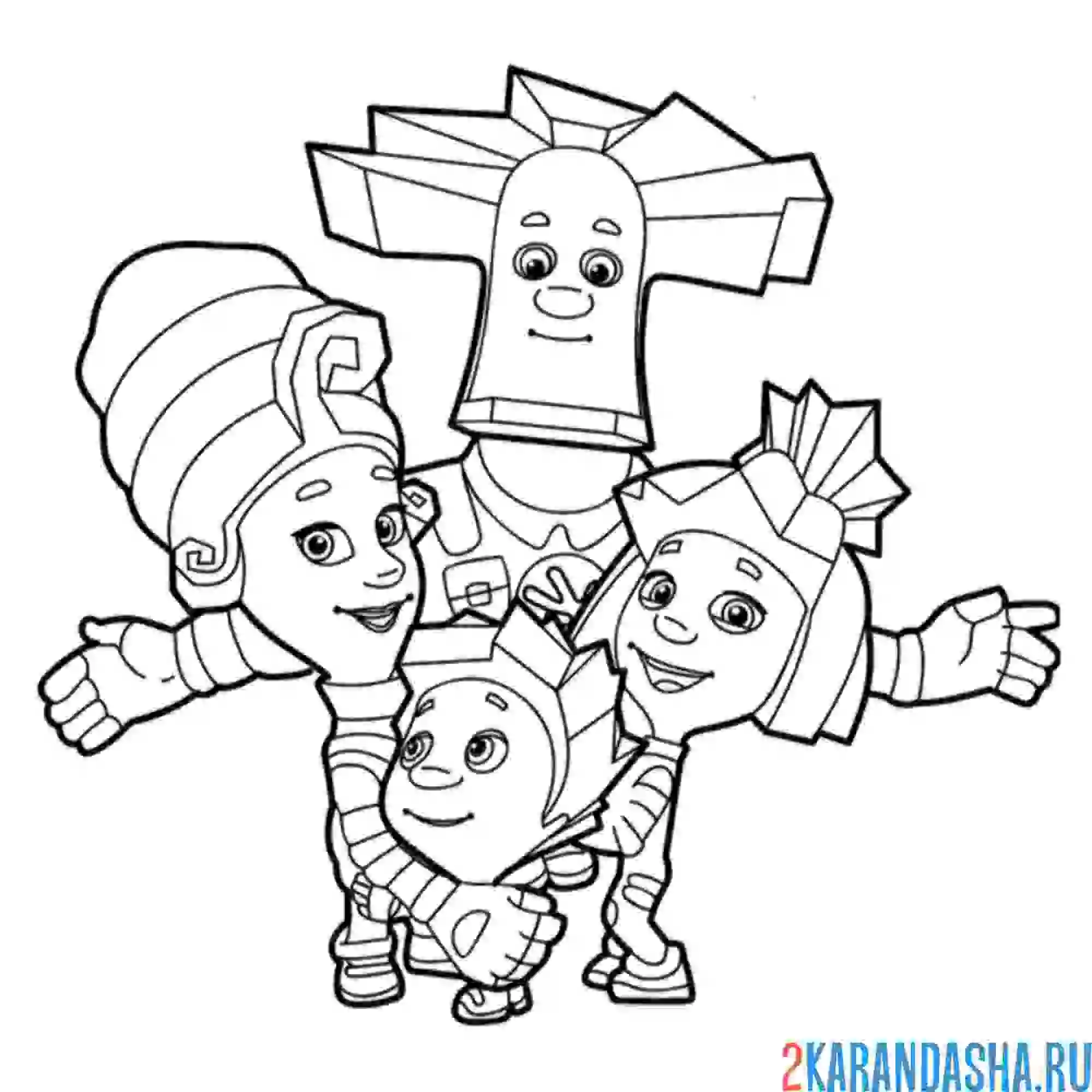Раскраска вся семья: мася, папус, нолик и симка | фиксики