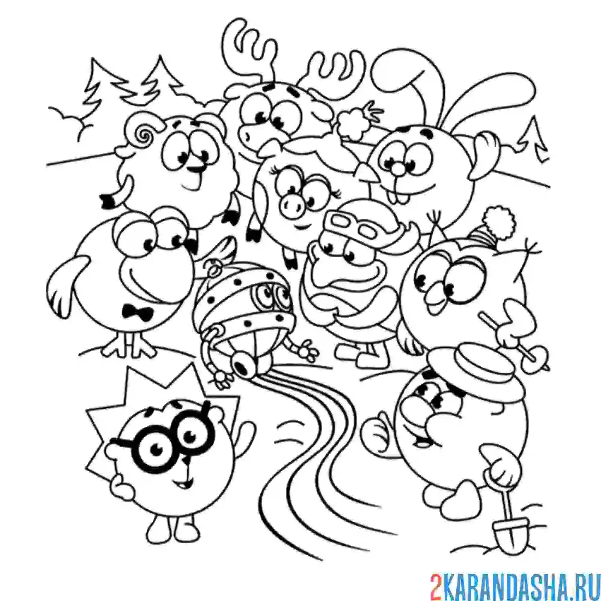 Раскраска все вместе собрались | смешарики