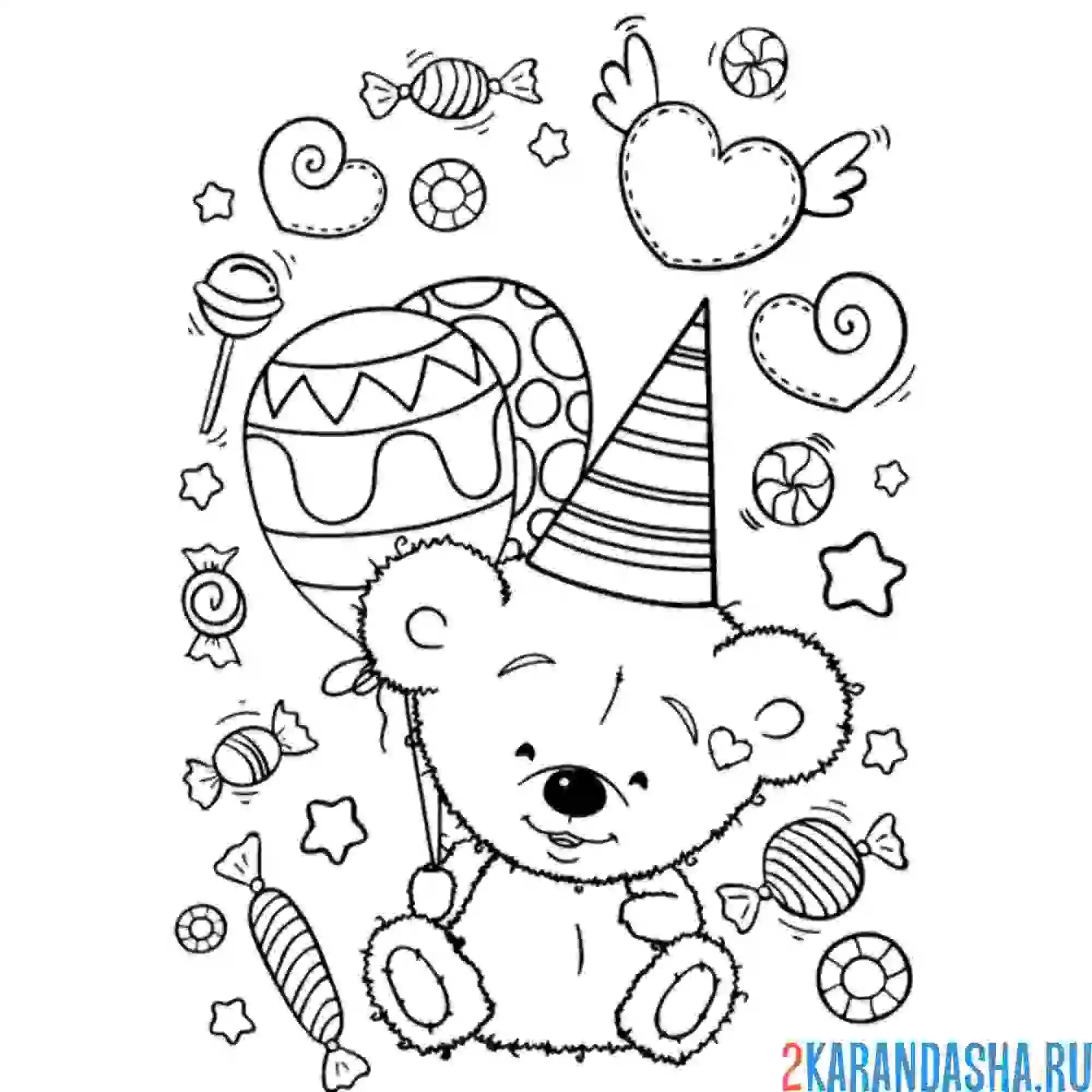 Раскраска мишка в праздничном колпаке