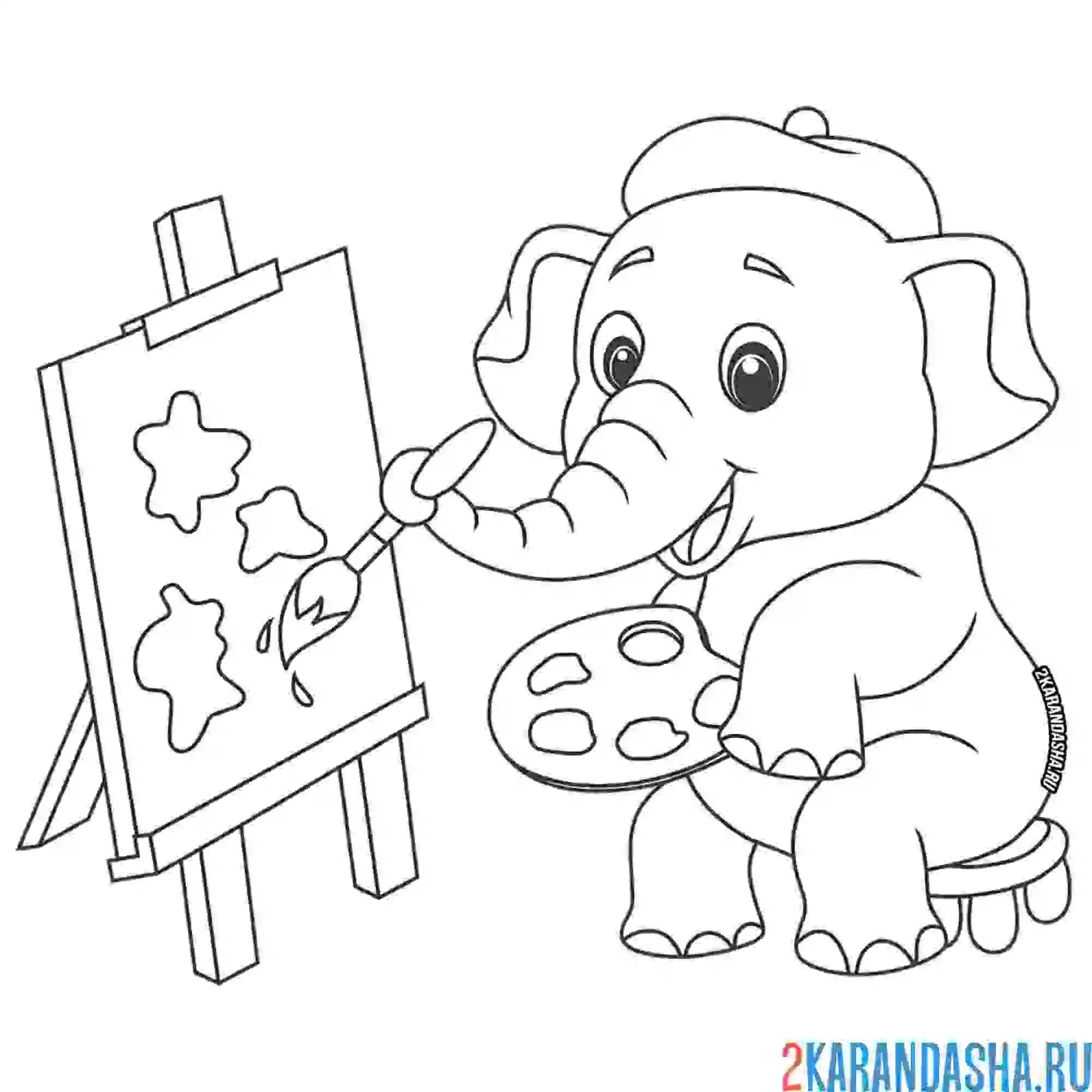 Раскраска слон в цирке рисует кистью