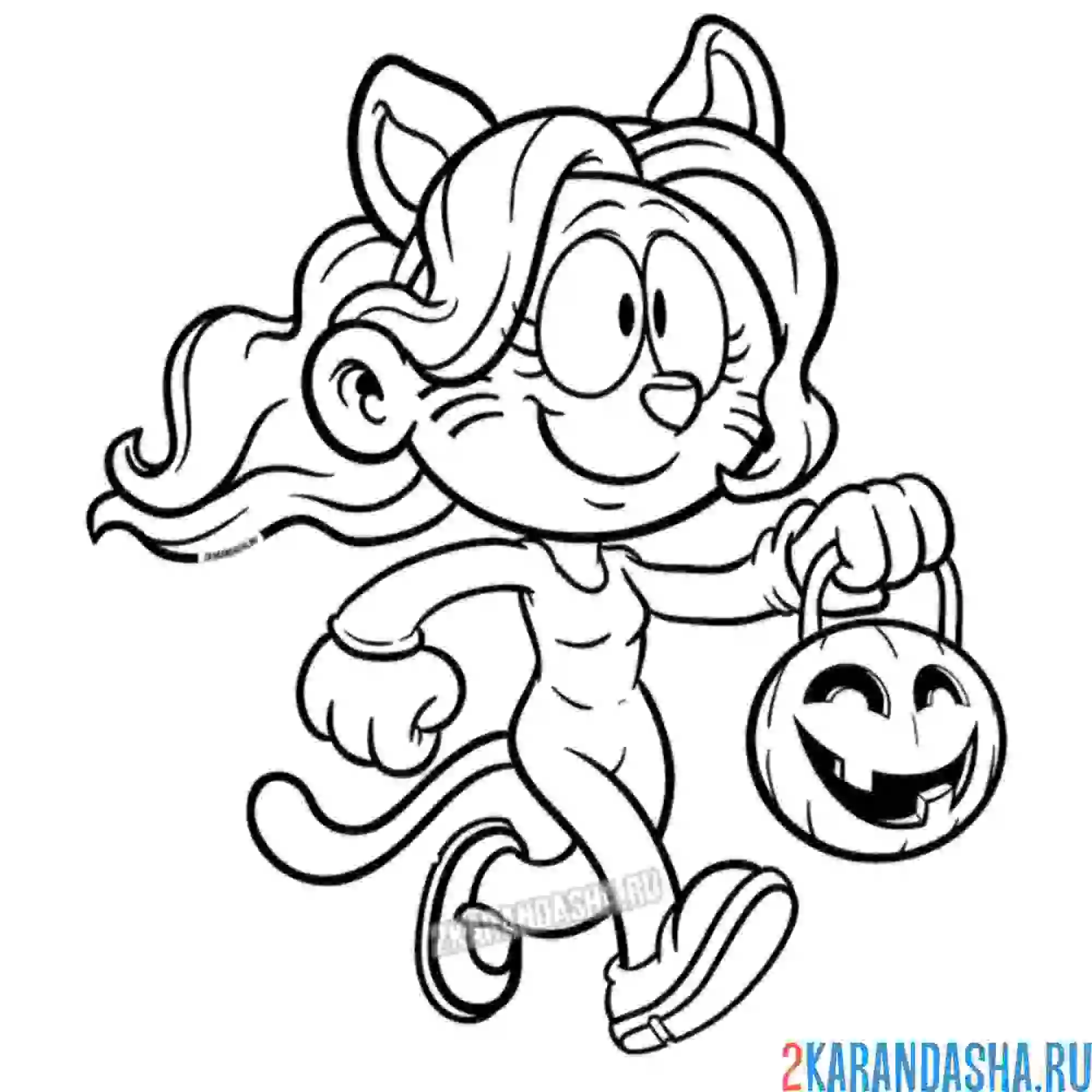 Раскраска девочка с тыквой в костюме кошечки