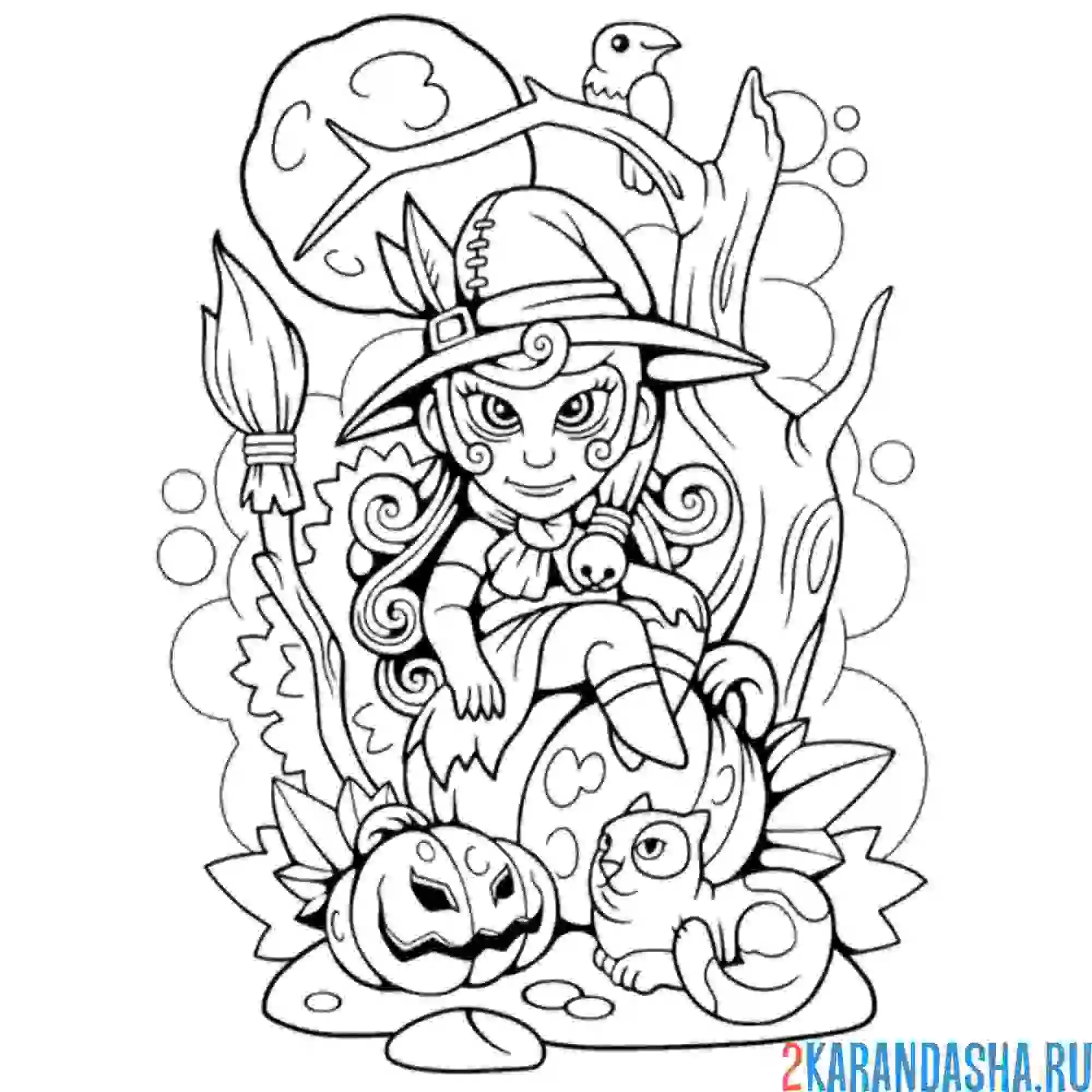 Раскраска ведьма, тыквы хэллоуин