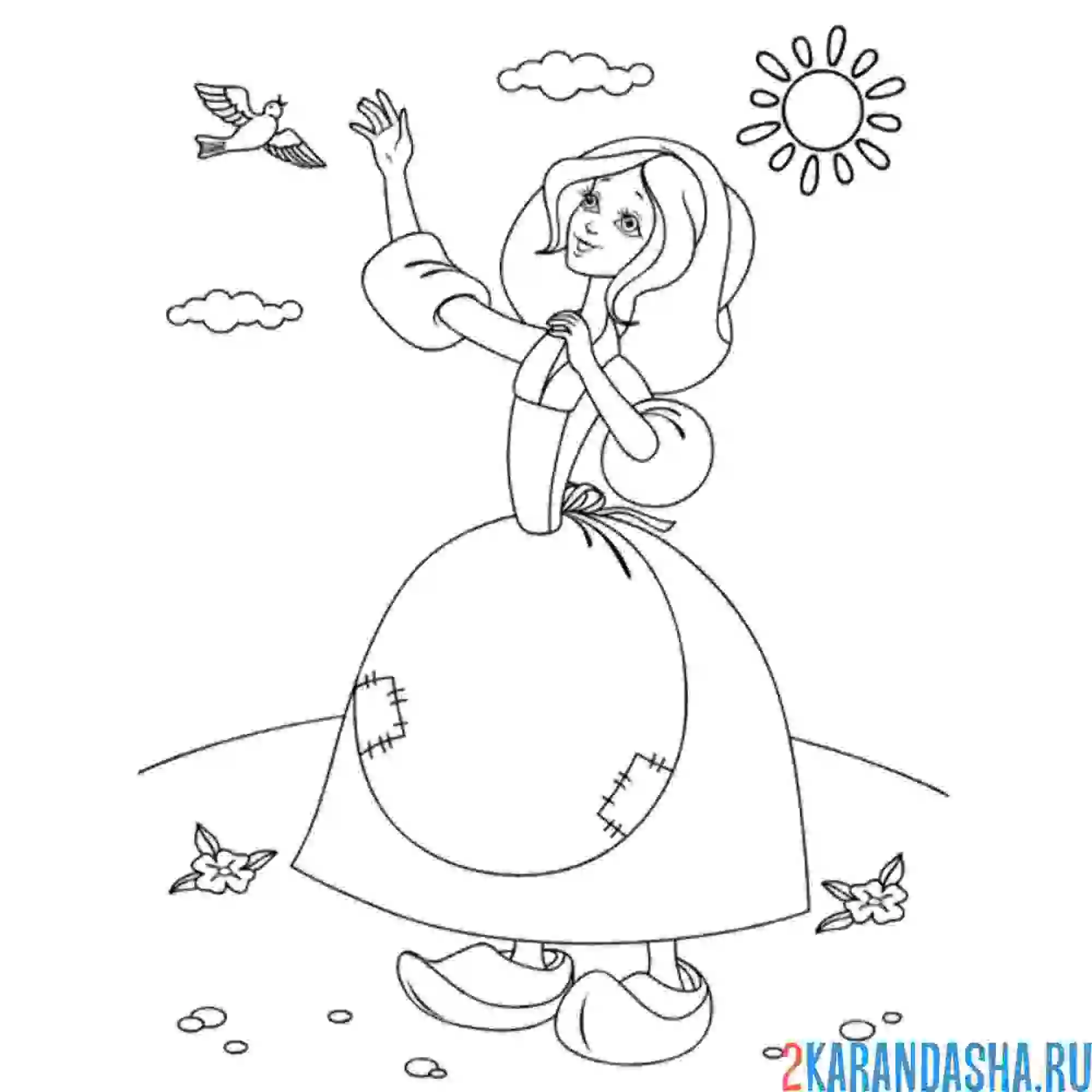 Раскраска золушка разговаривает с птицей