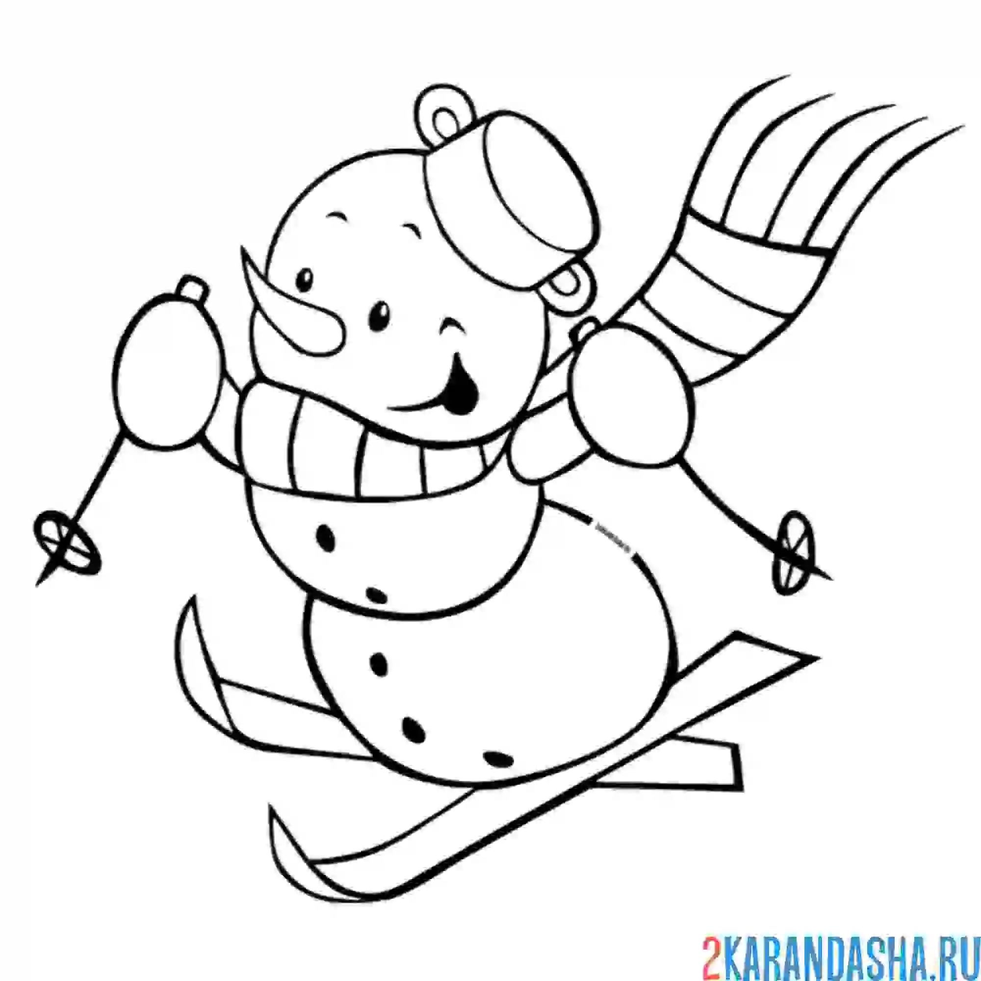 Раскраска снеговик на лыжах