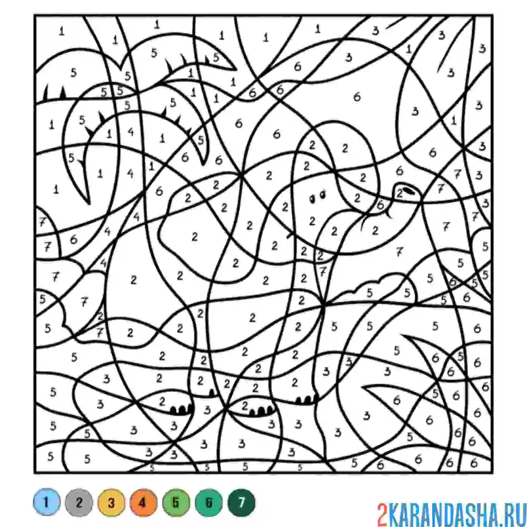 Раскраска по номерам: слоник и пальмы