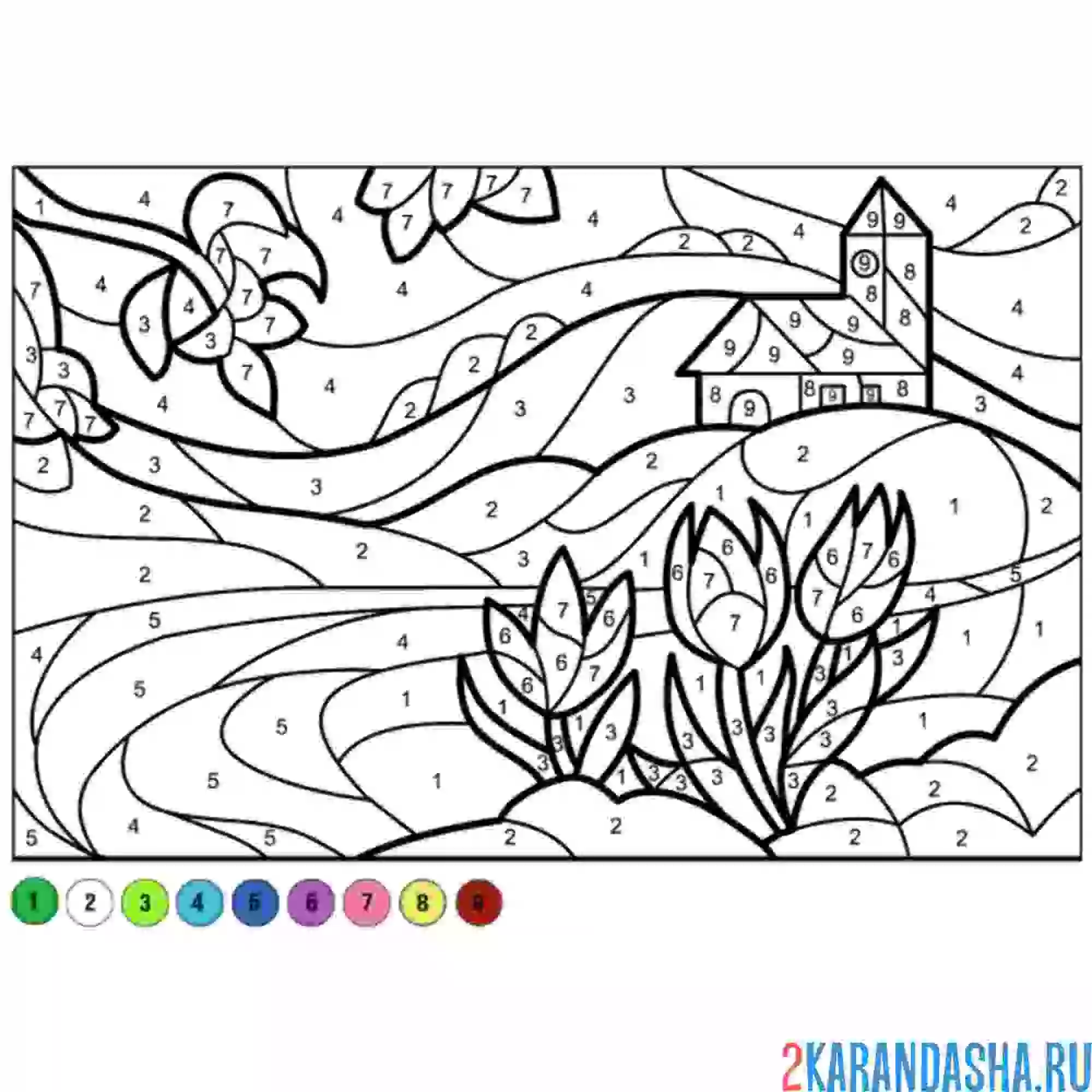 Раскраска по номерам: дом и тюльпаны