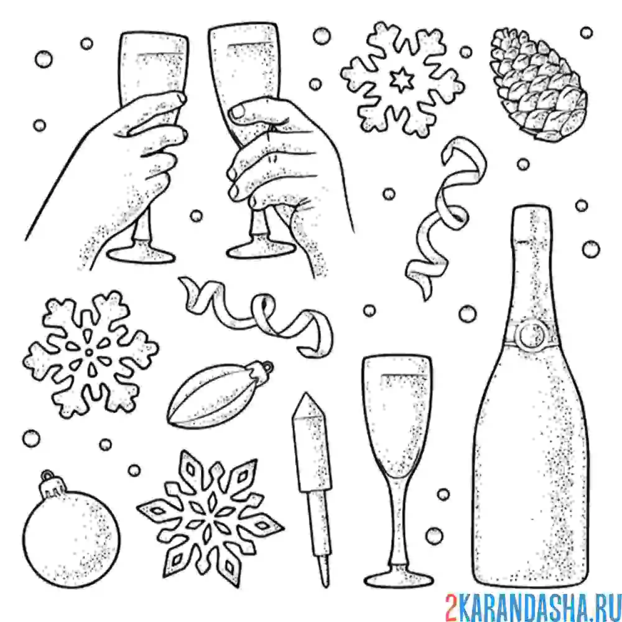 Раскраска игрушки, шишки, снежинки