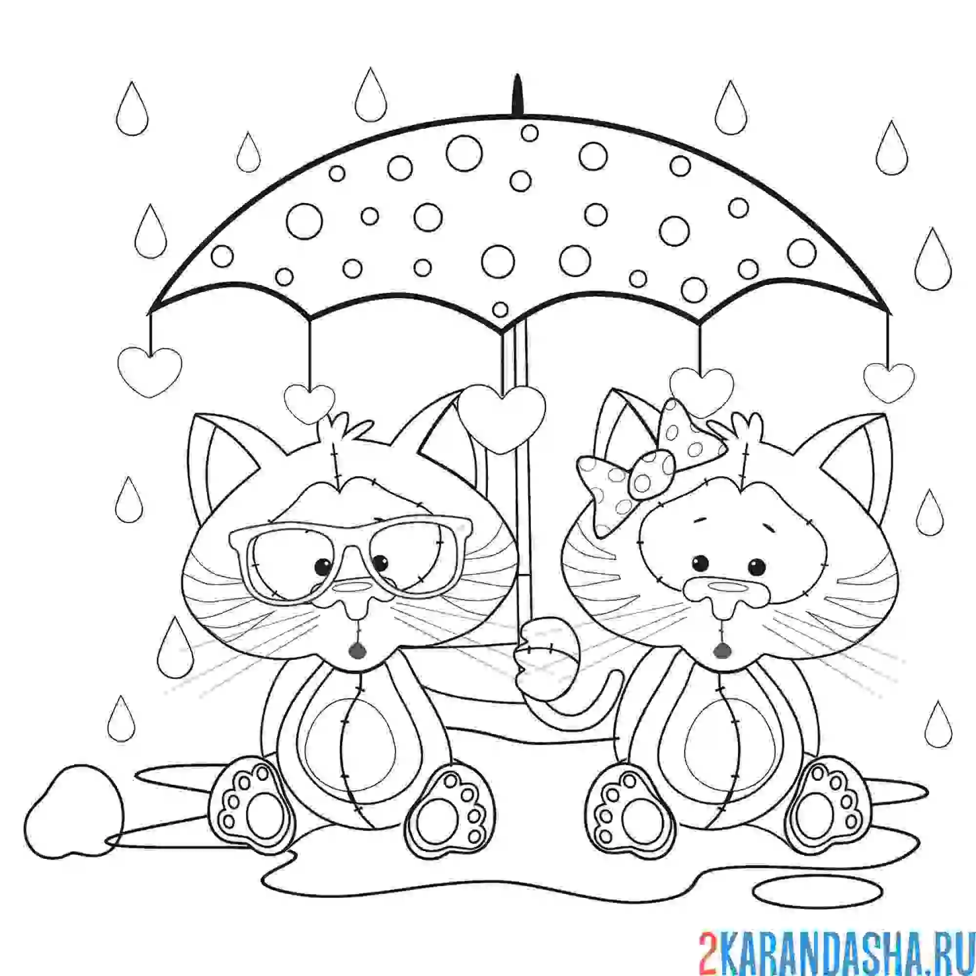 Раскраска влюбленные коты под зонтом