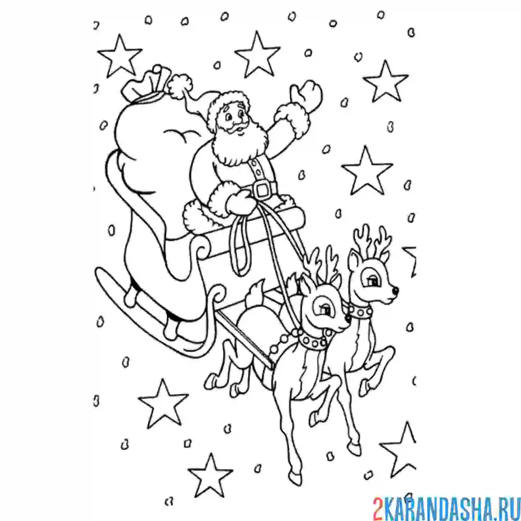 Раскраска дед мороз на санях с оленями