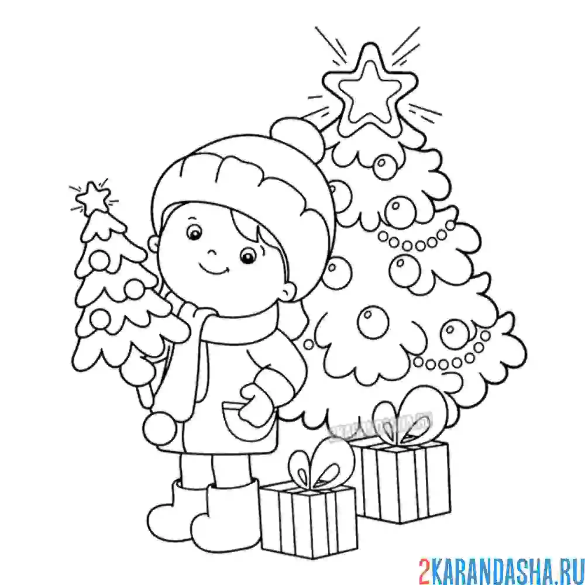 Раскраска мальчик с маленькой новогодней елочкой