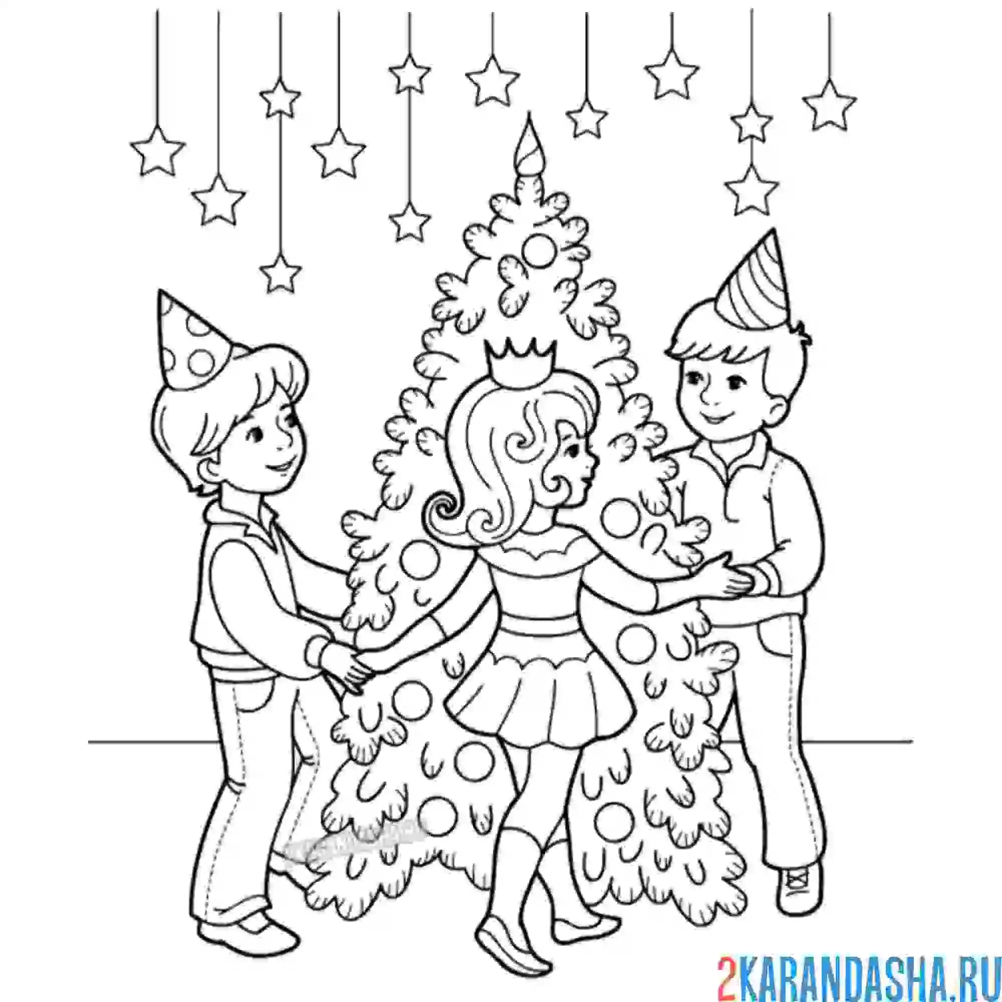 Раскраска дети кружатся вокруг пушистой новогодней ели