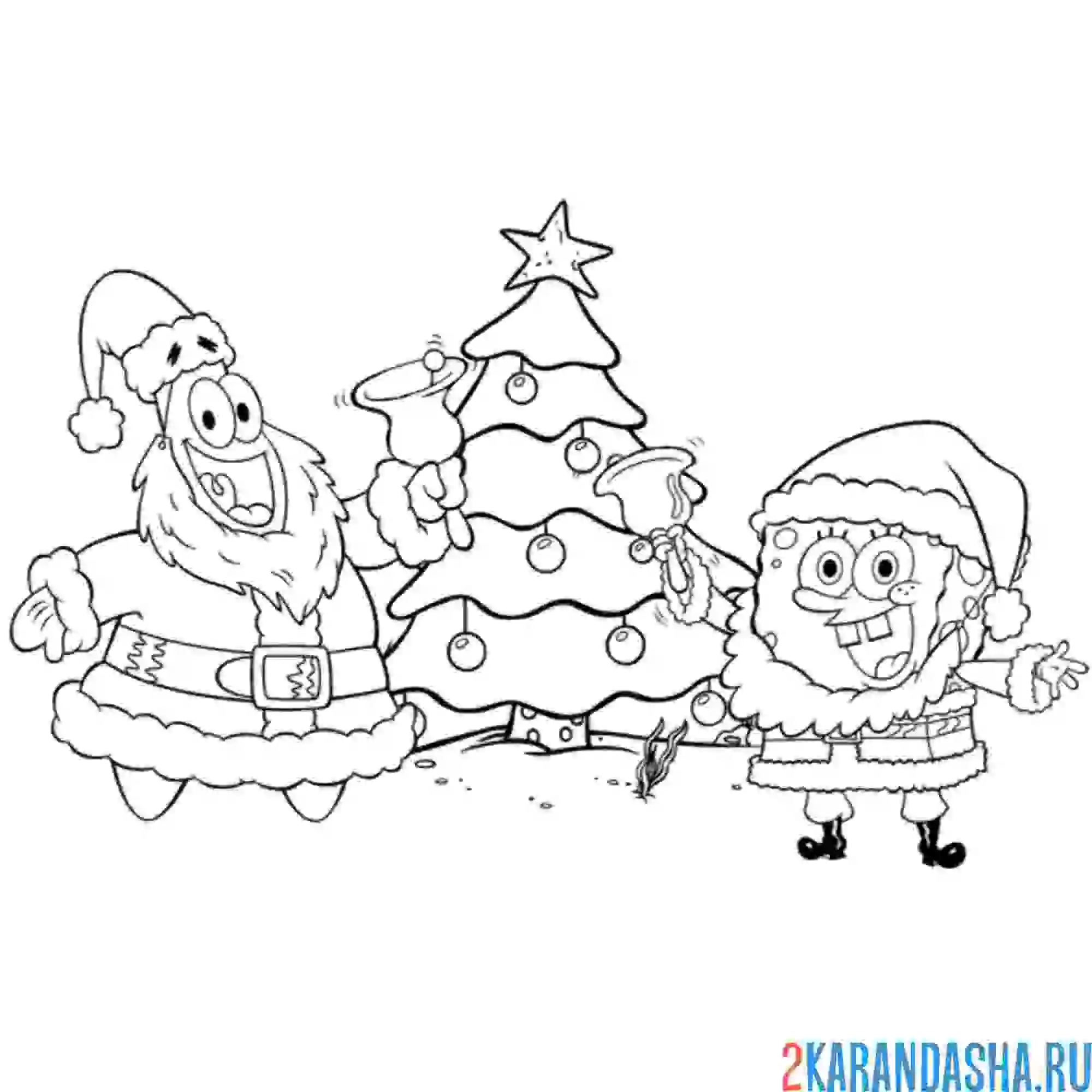 Раскраска губка боб новогоднее настроение, патрик и елка