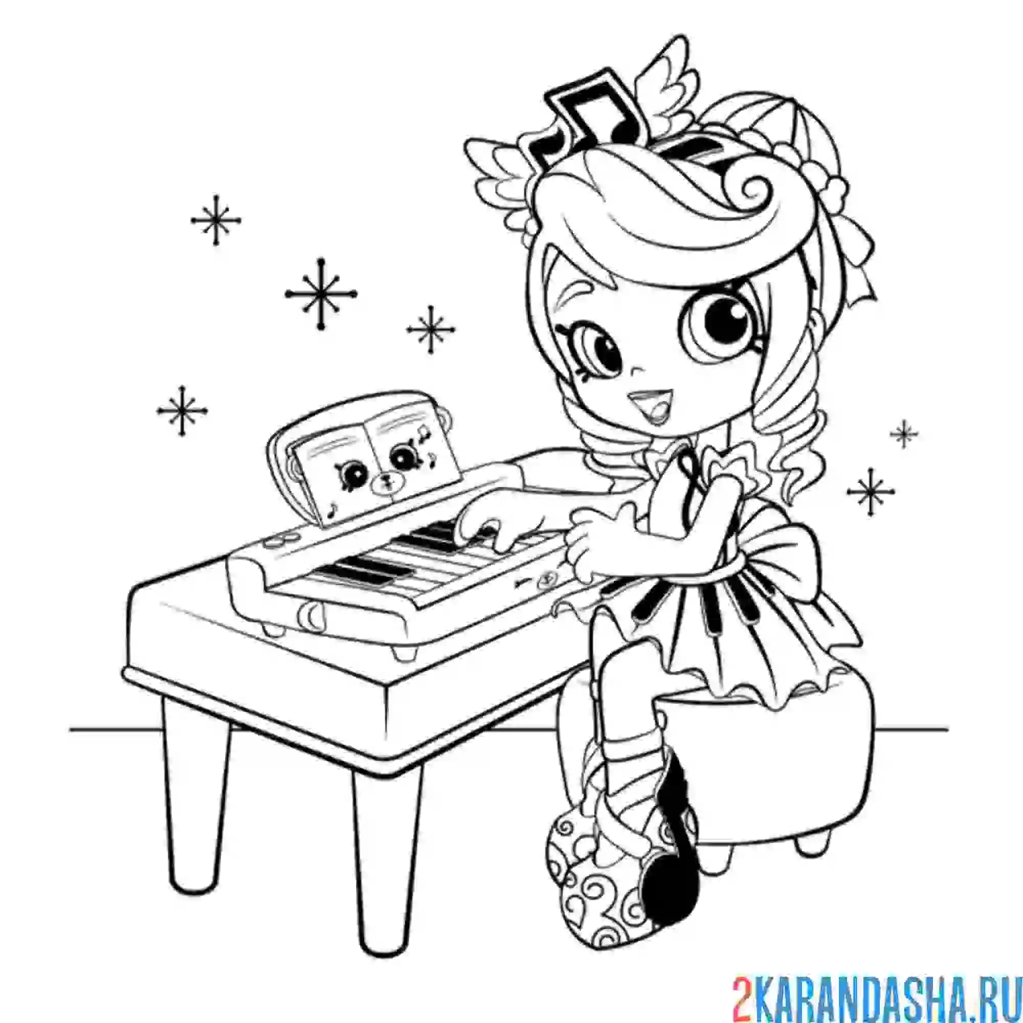 Раскраска кукла мелодин за роялем shopkins