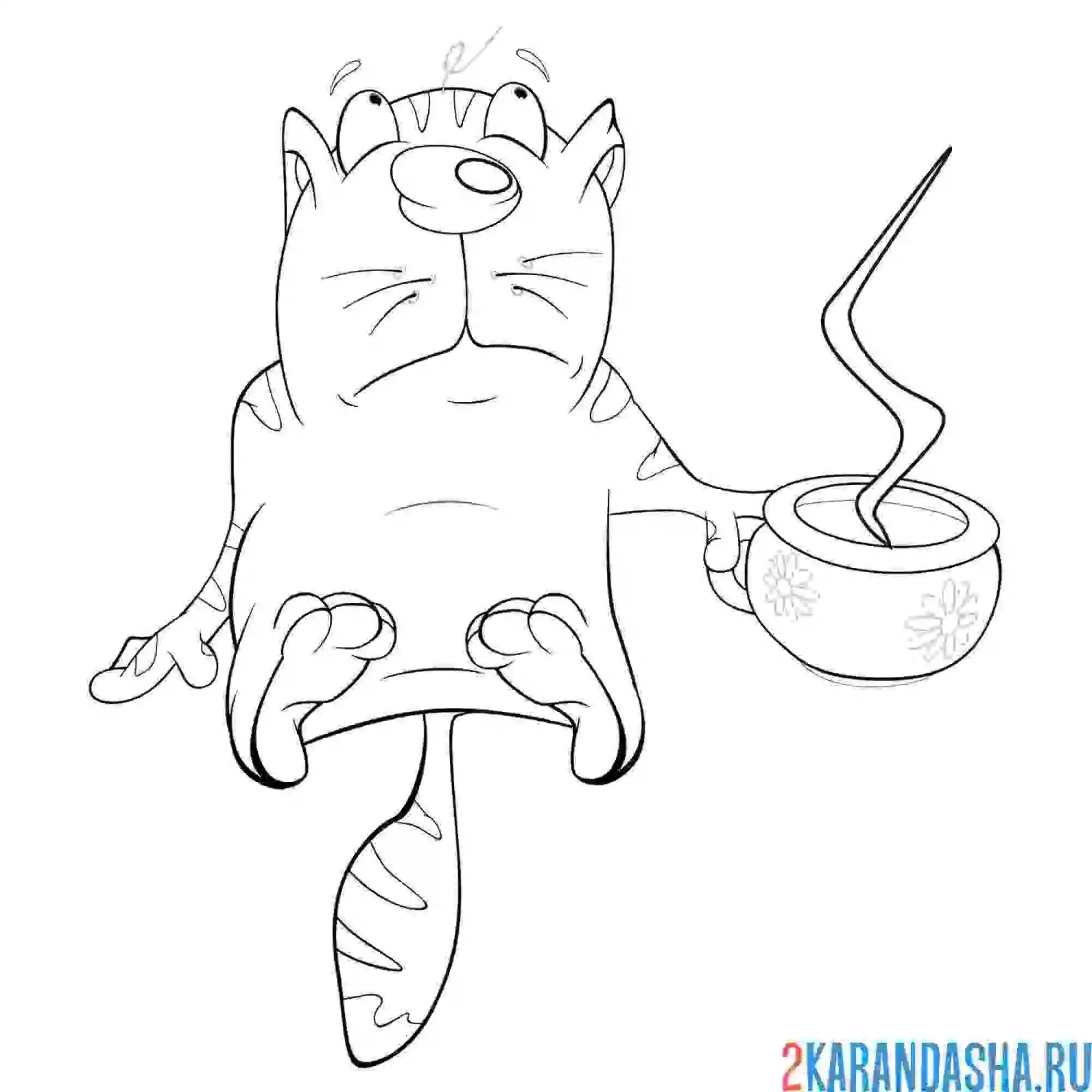 Раскраска кот с кофе