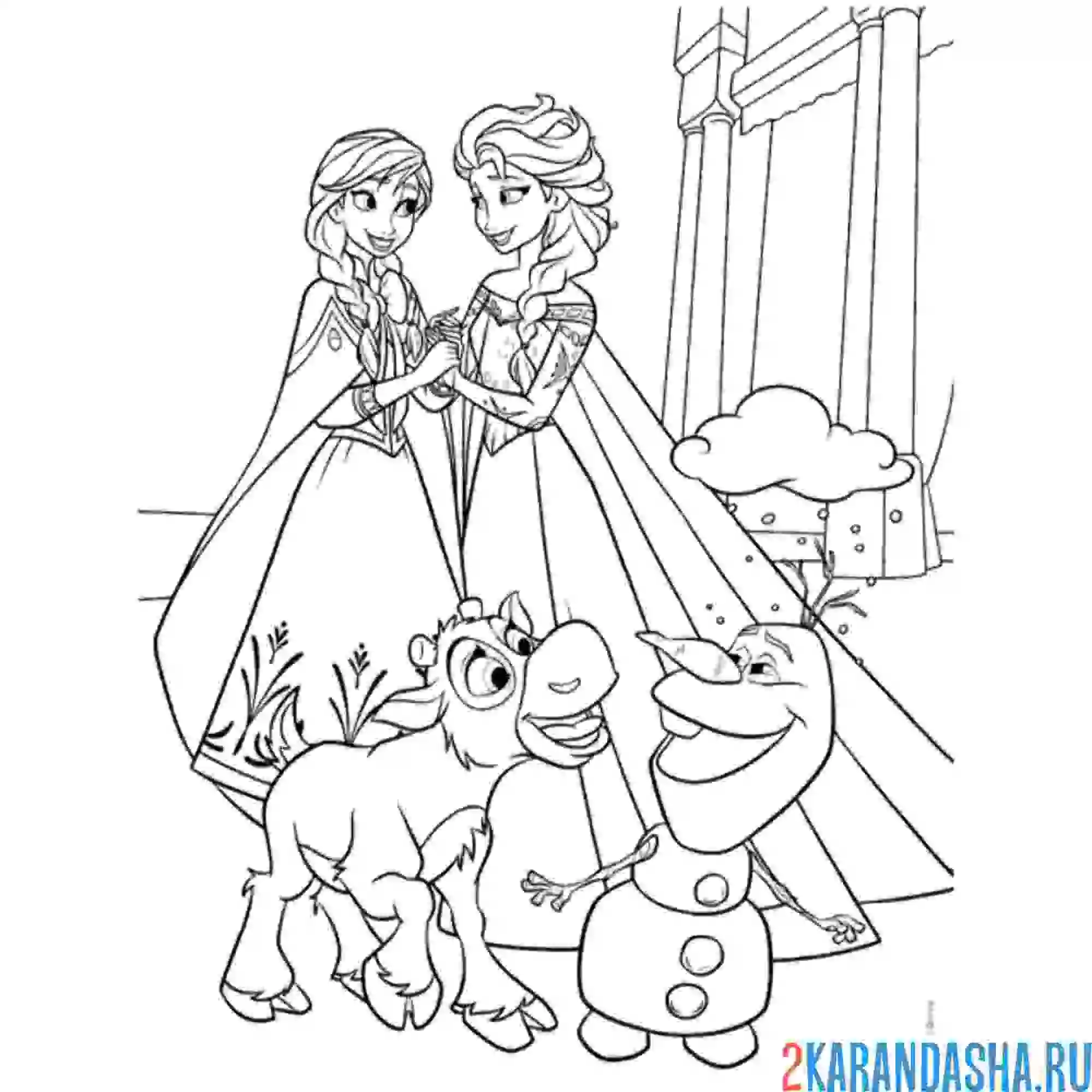 Раскраска анна, эльза, олененок и олаф