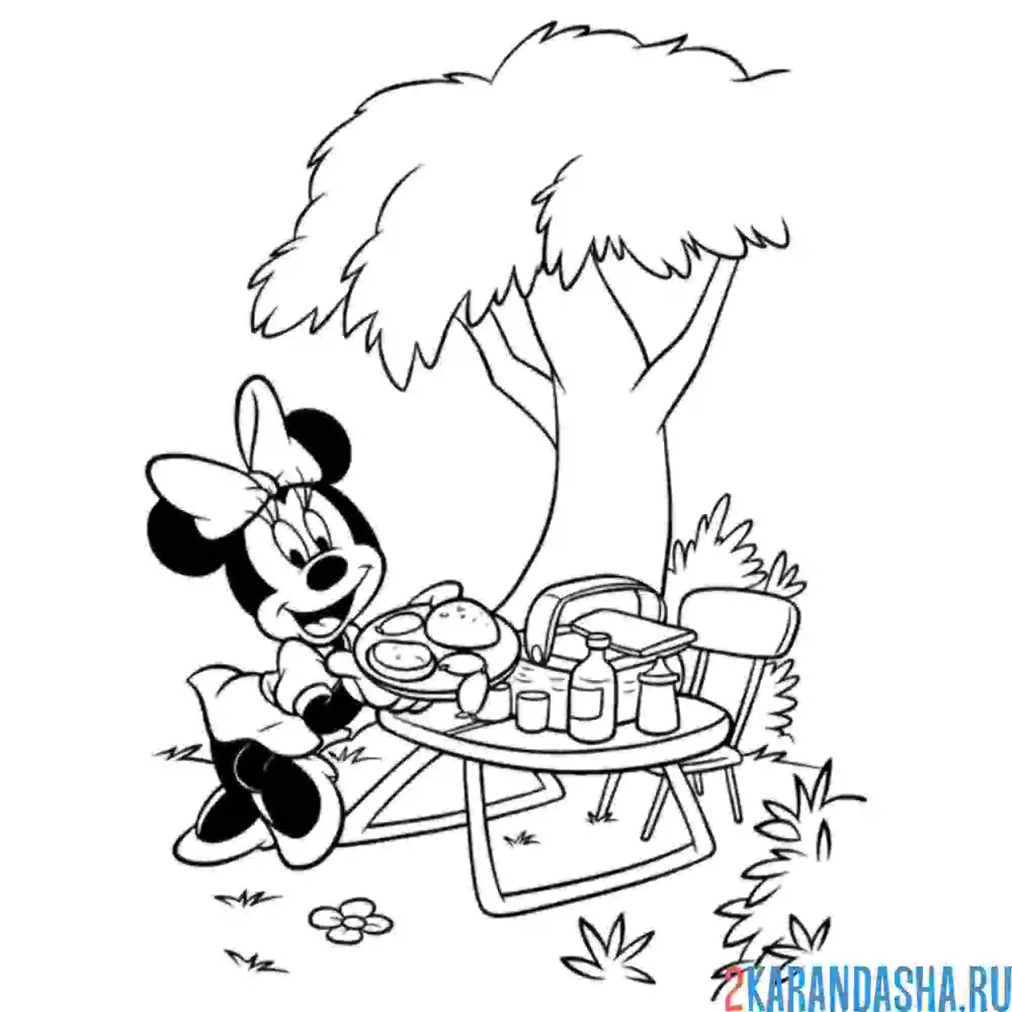Раскраска минни за столом на природе