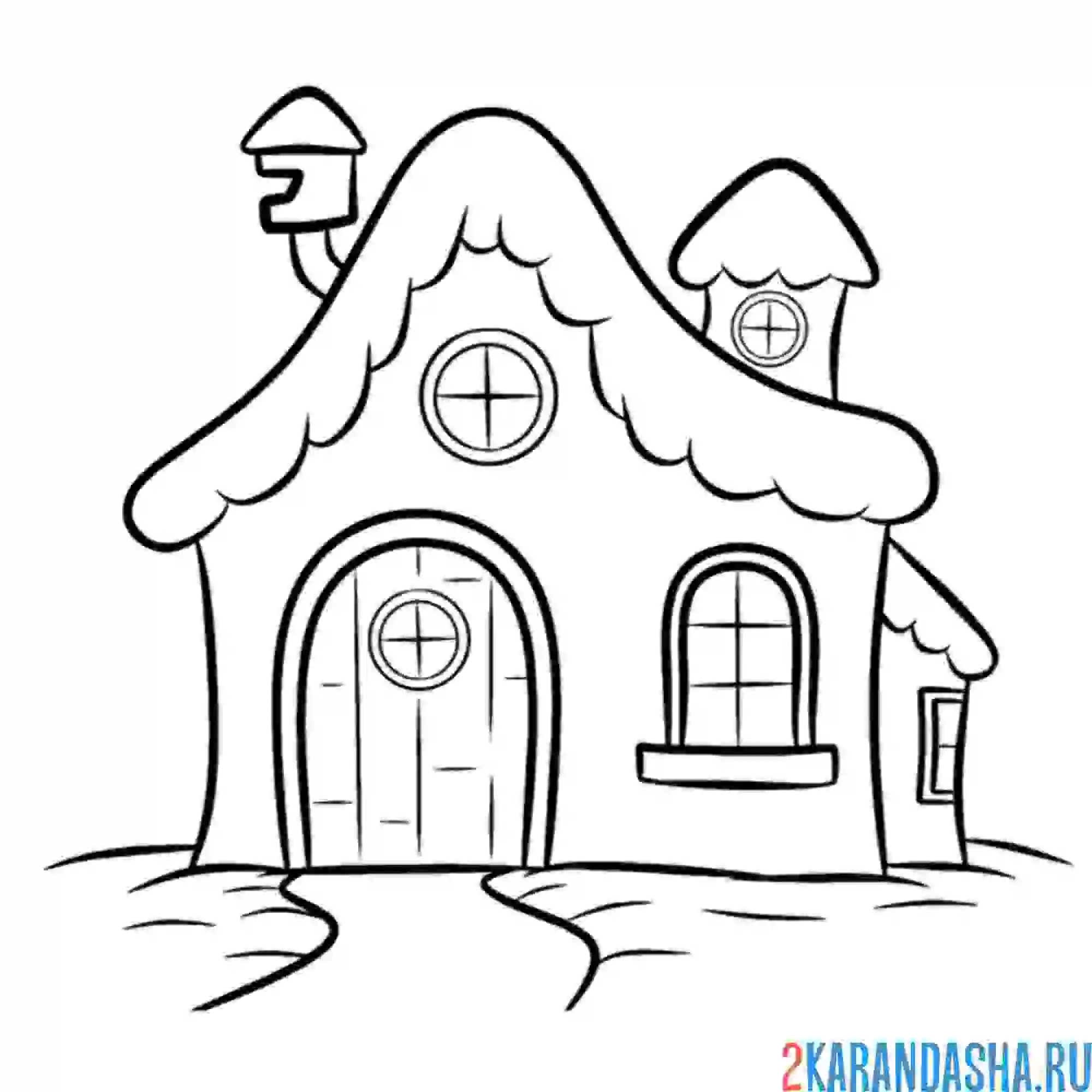 Раскраска зимний домик в снегу