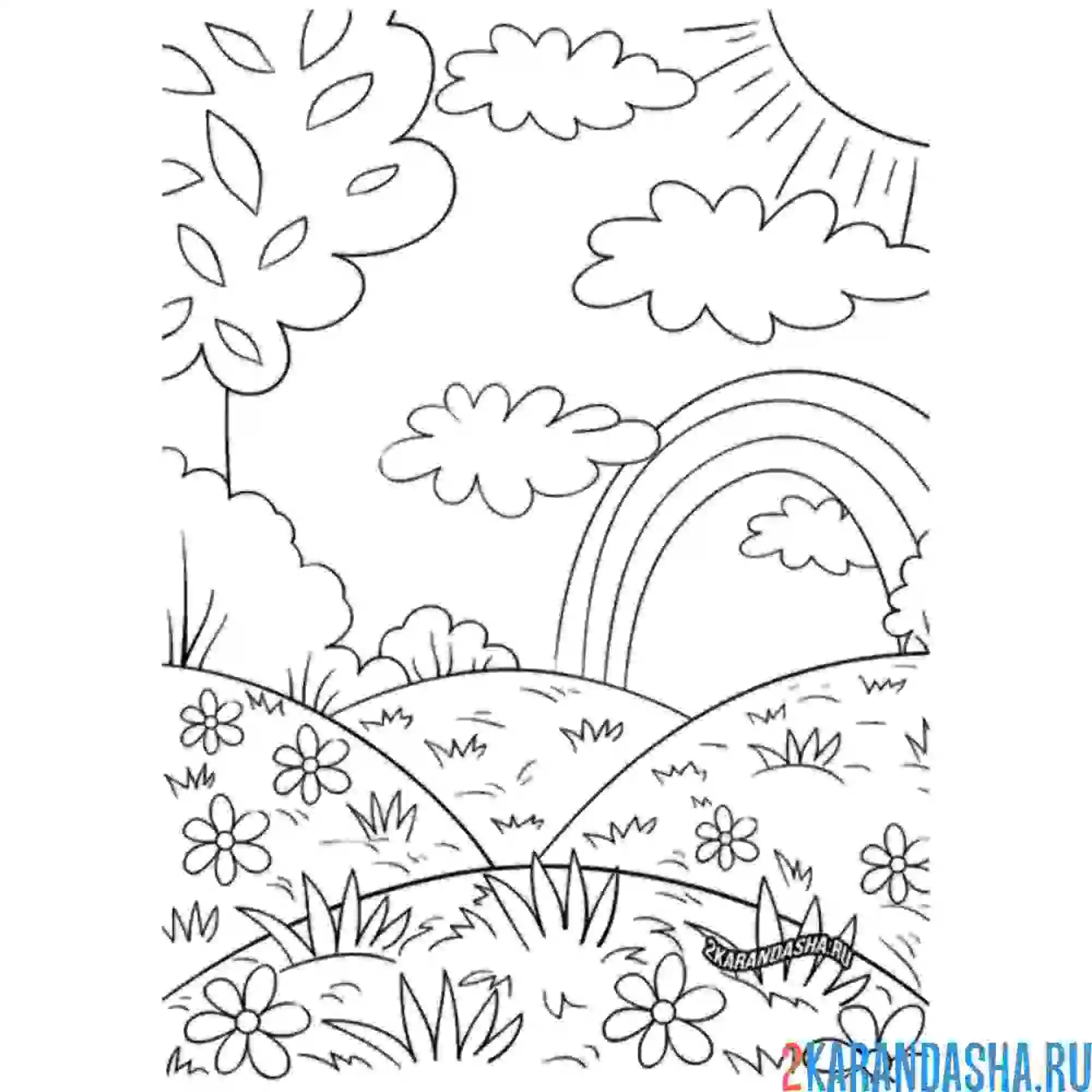 Раскраска пейзаж природы летом