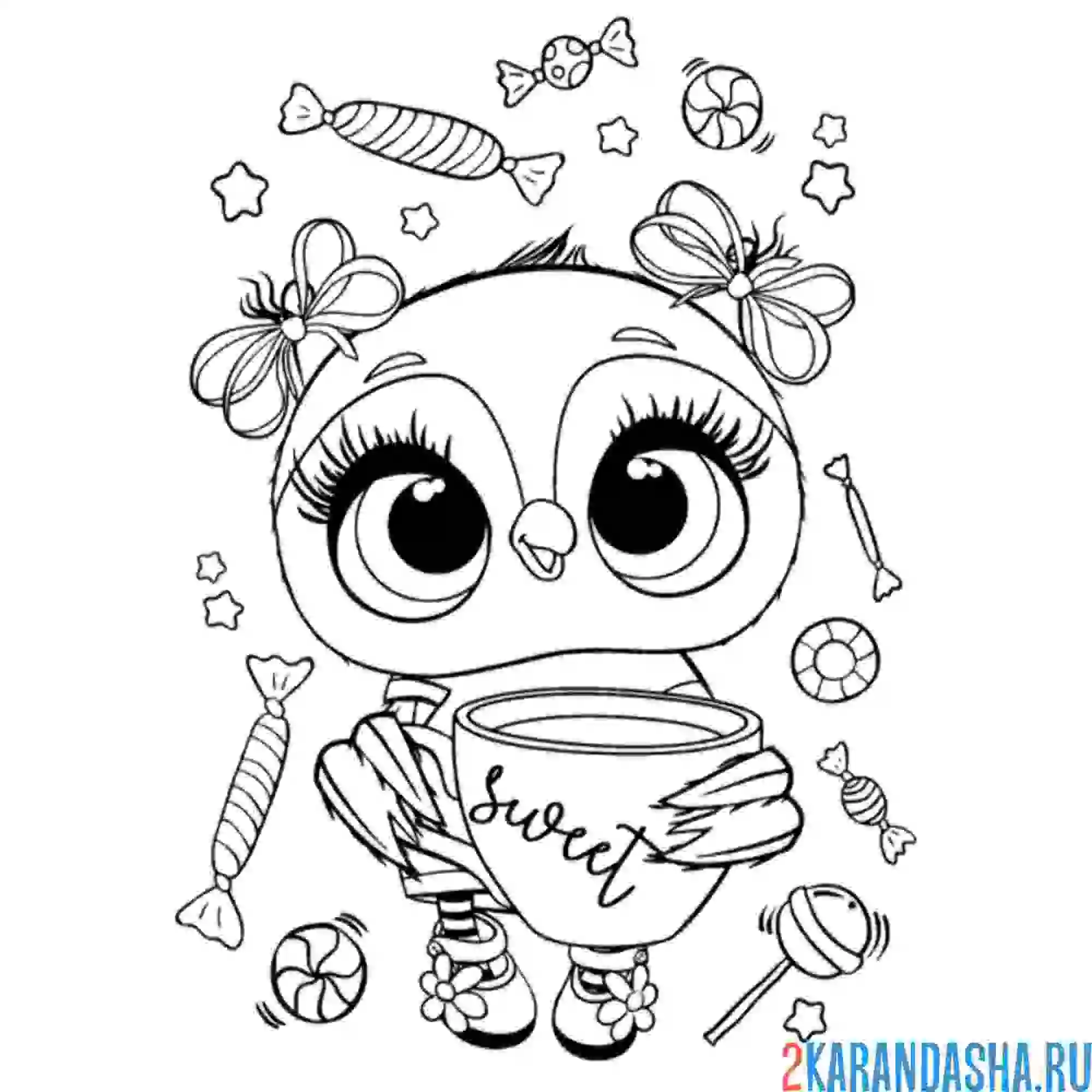 Раскраска сова с чашкой кофе