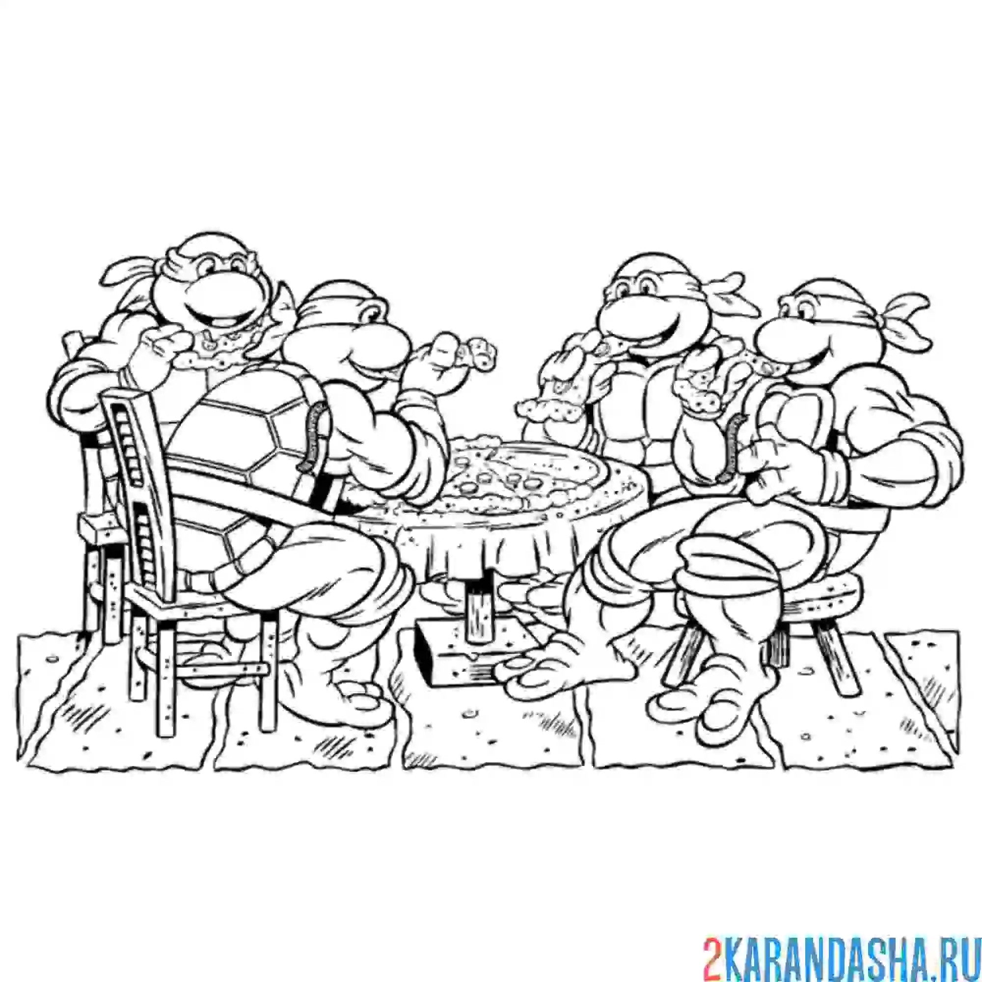 Раскраска черепашки-ниндзя за столом едят пиццу