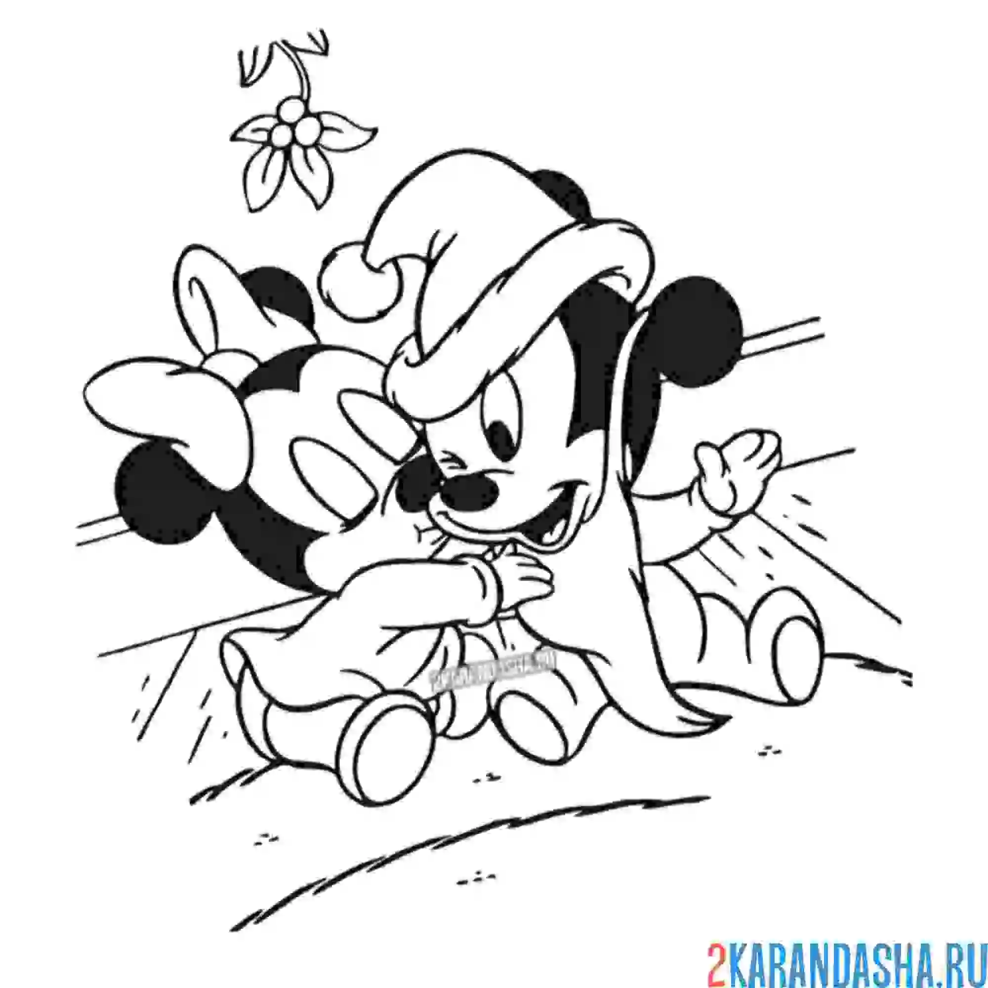 Раскраска в рождественском наряде малыши минни и микки