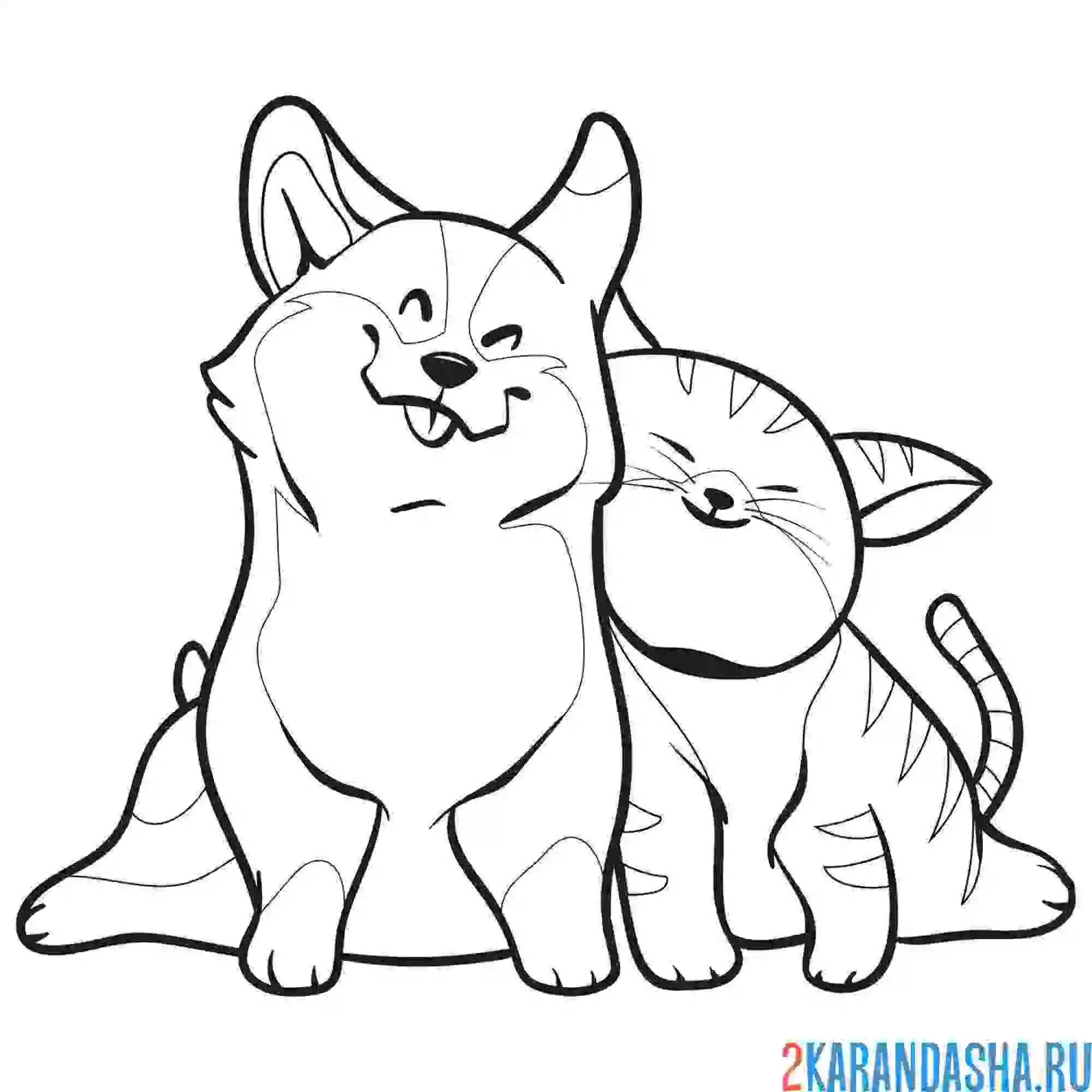 Раскраска котик и собачка обнимаются