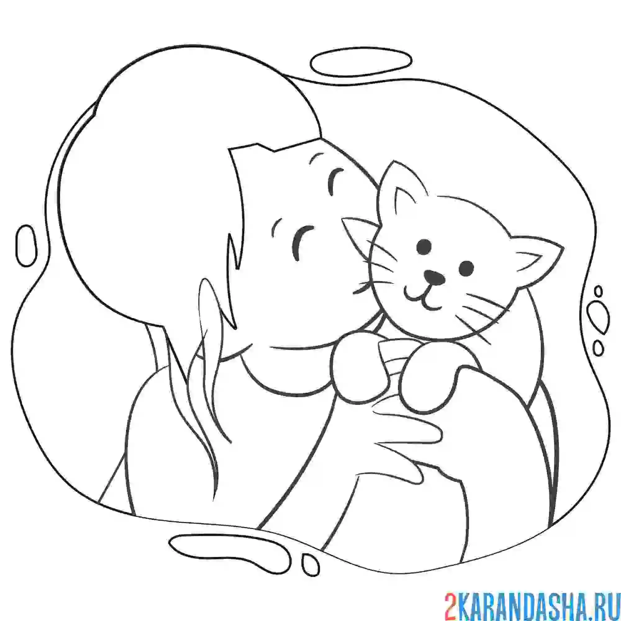 Раскраска девочка целует котенка