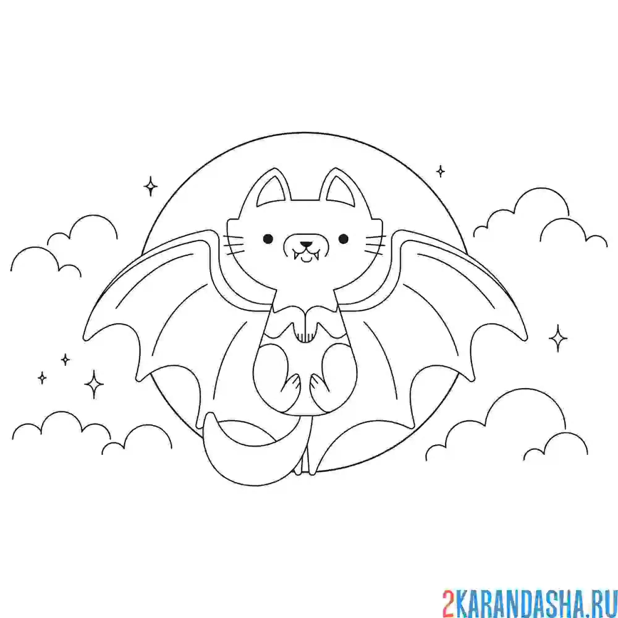 Раскраска котенок-летучая мышь хэллоуин