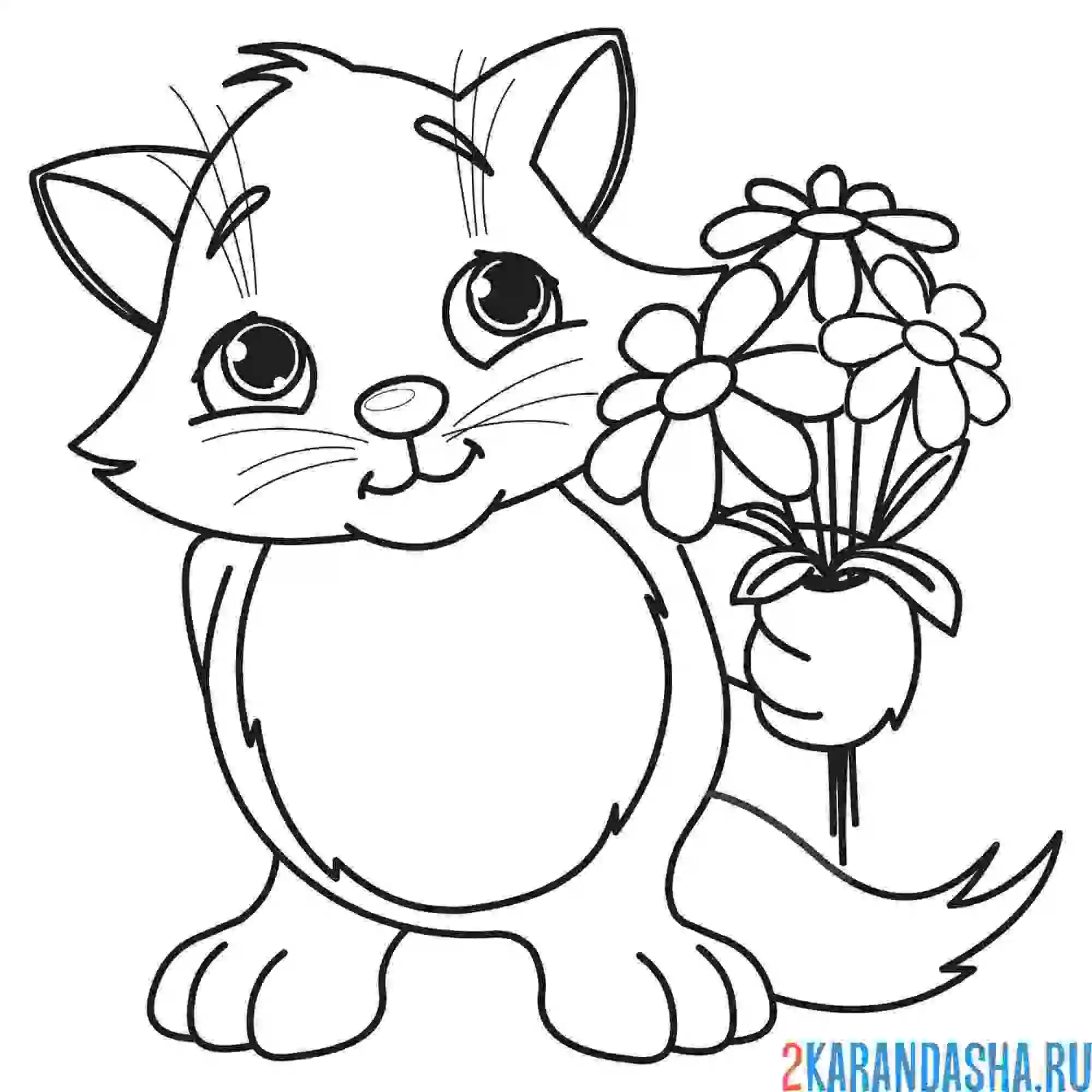 Раскраска котенок с букетом цветов
