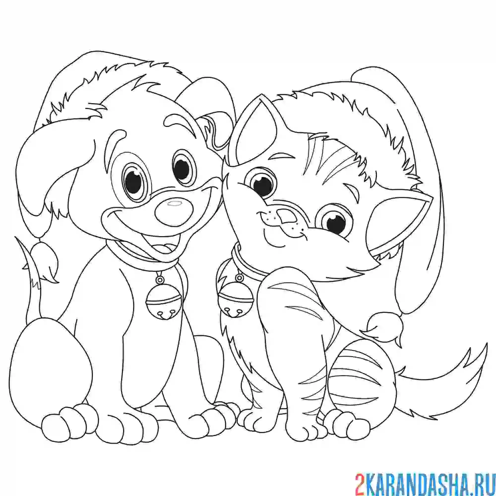 Раскраска котенок и щенок новый год