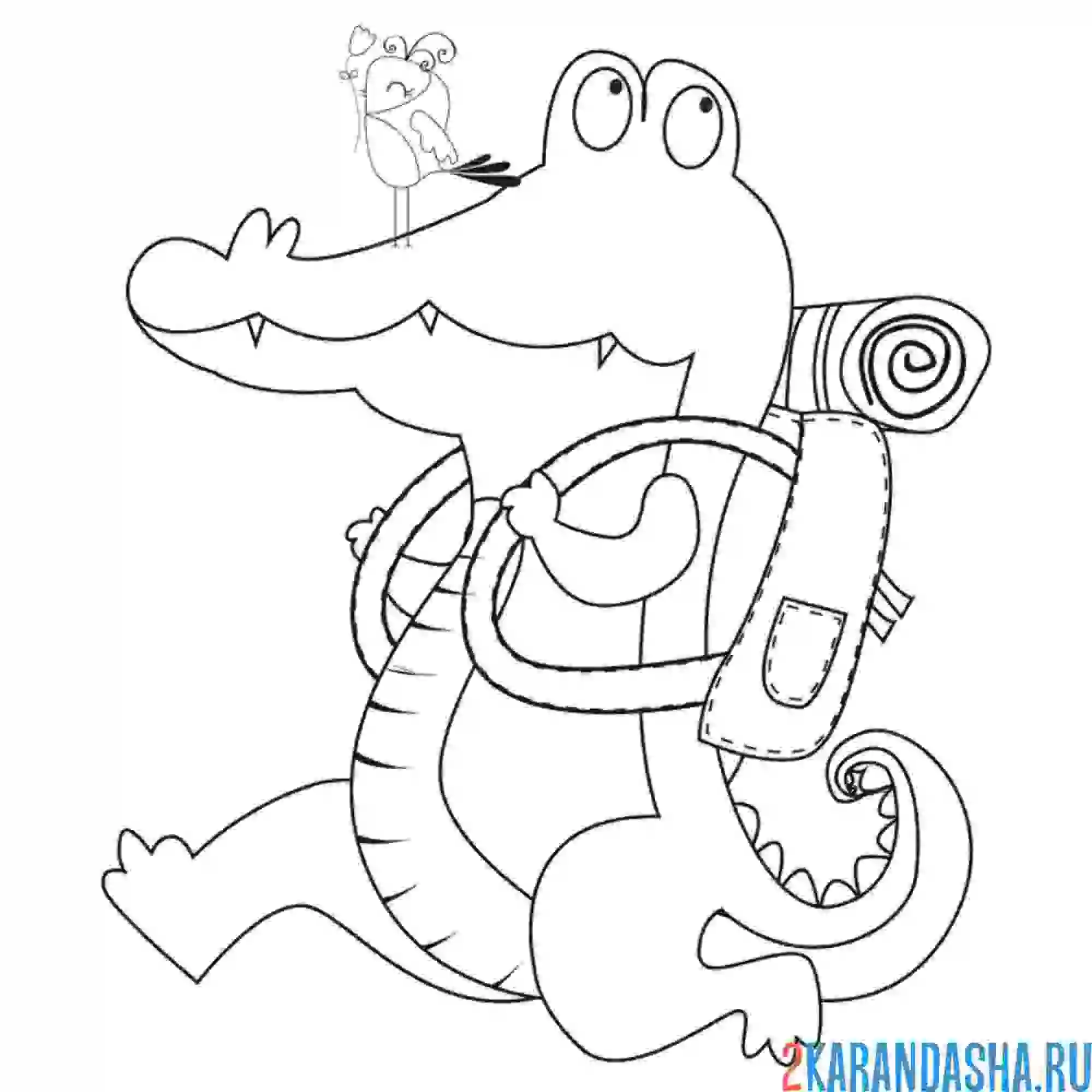 Раскраска крокодил с птичкой и рюкзаком