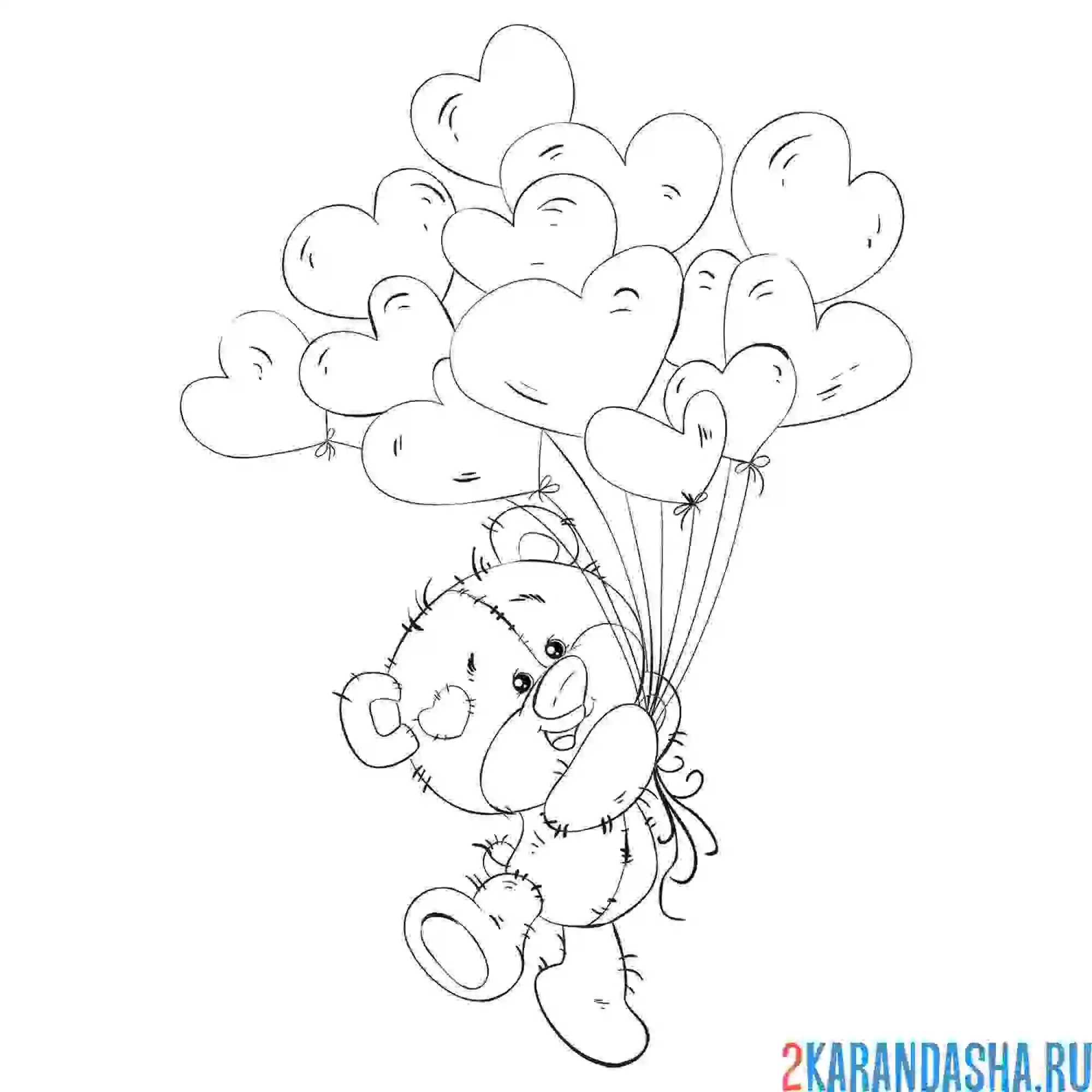Раскраска милый медвежонок с шариками сердечками