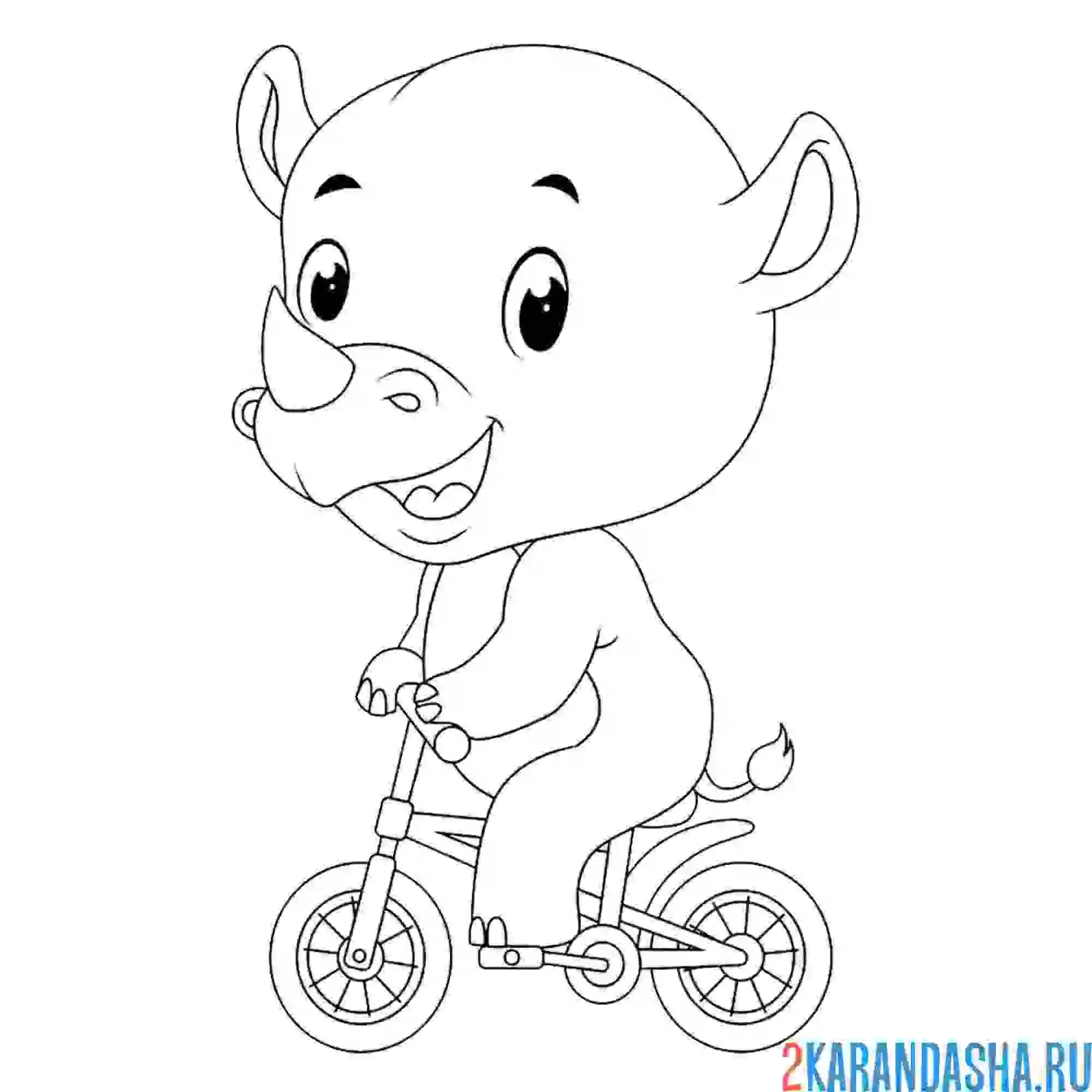 Раскраска маленький носорог на велосипеде