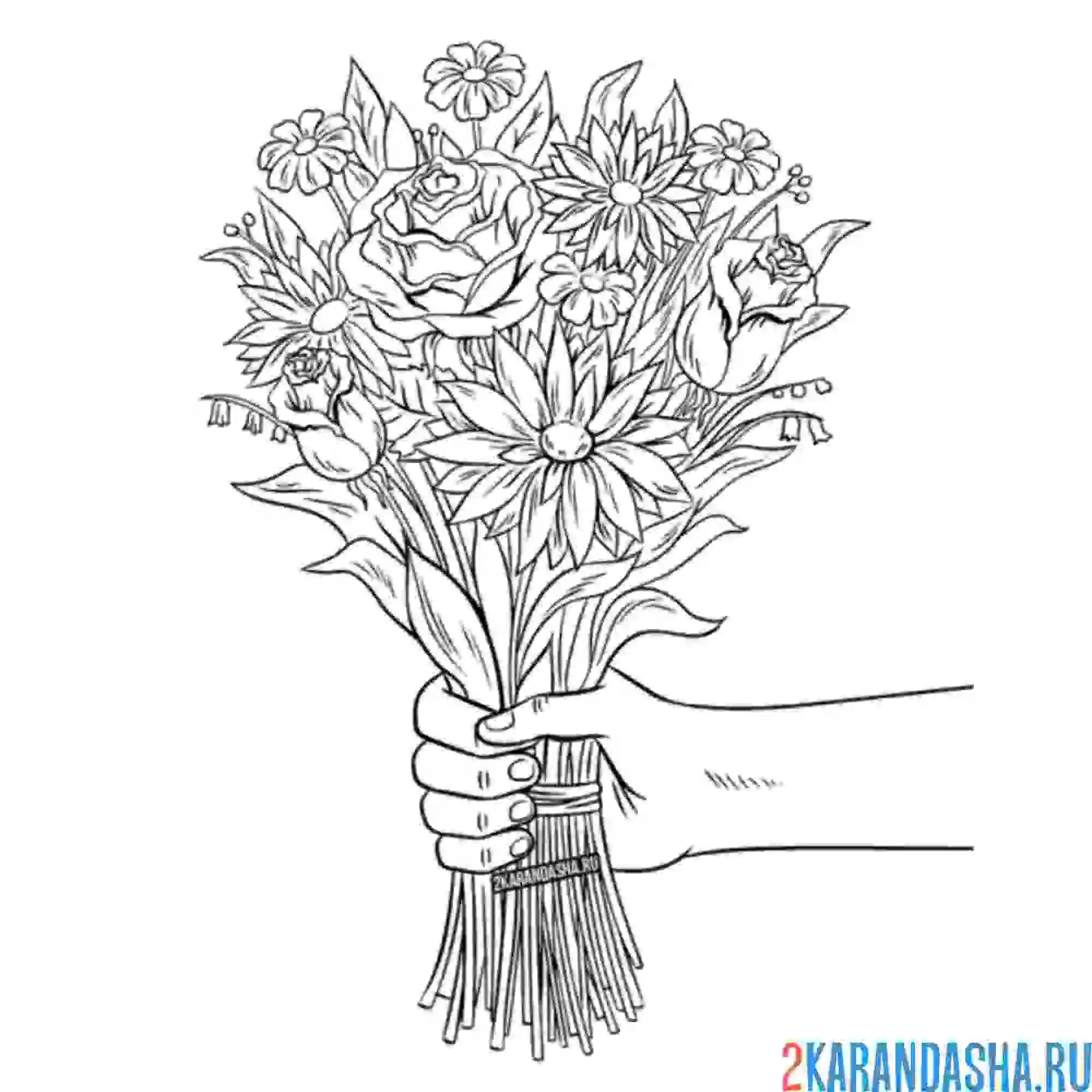 Раскраска розы в большом букете