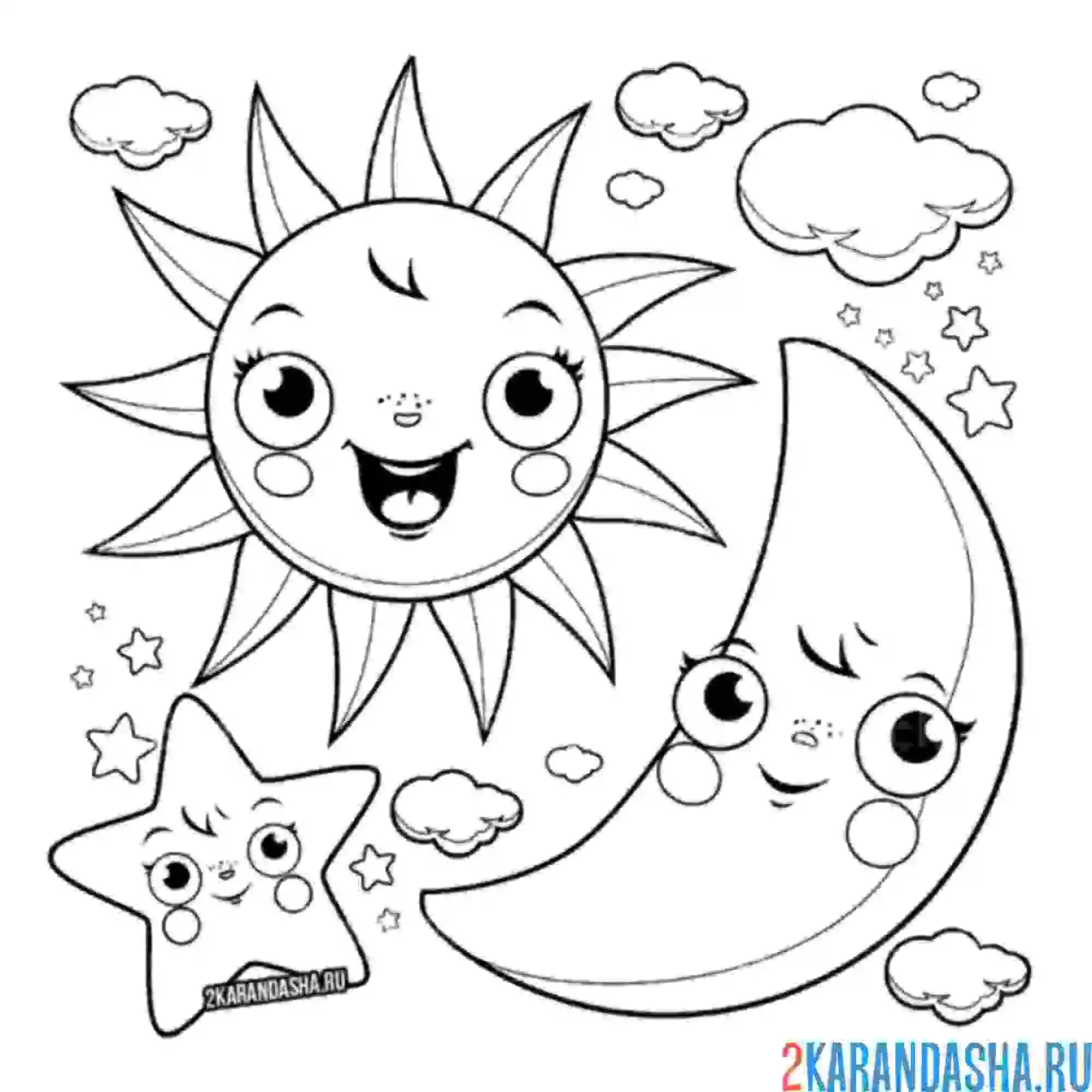 Раскраска солнышко, луна и звездочка
