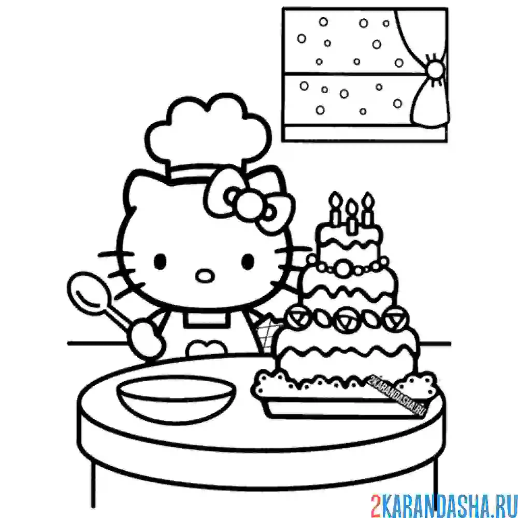 Раскраска хелло китти приготовила торт