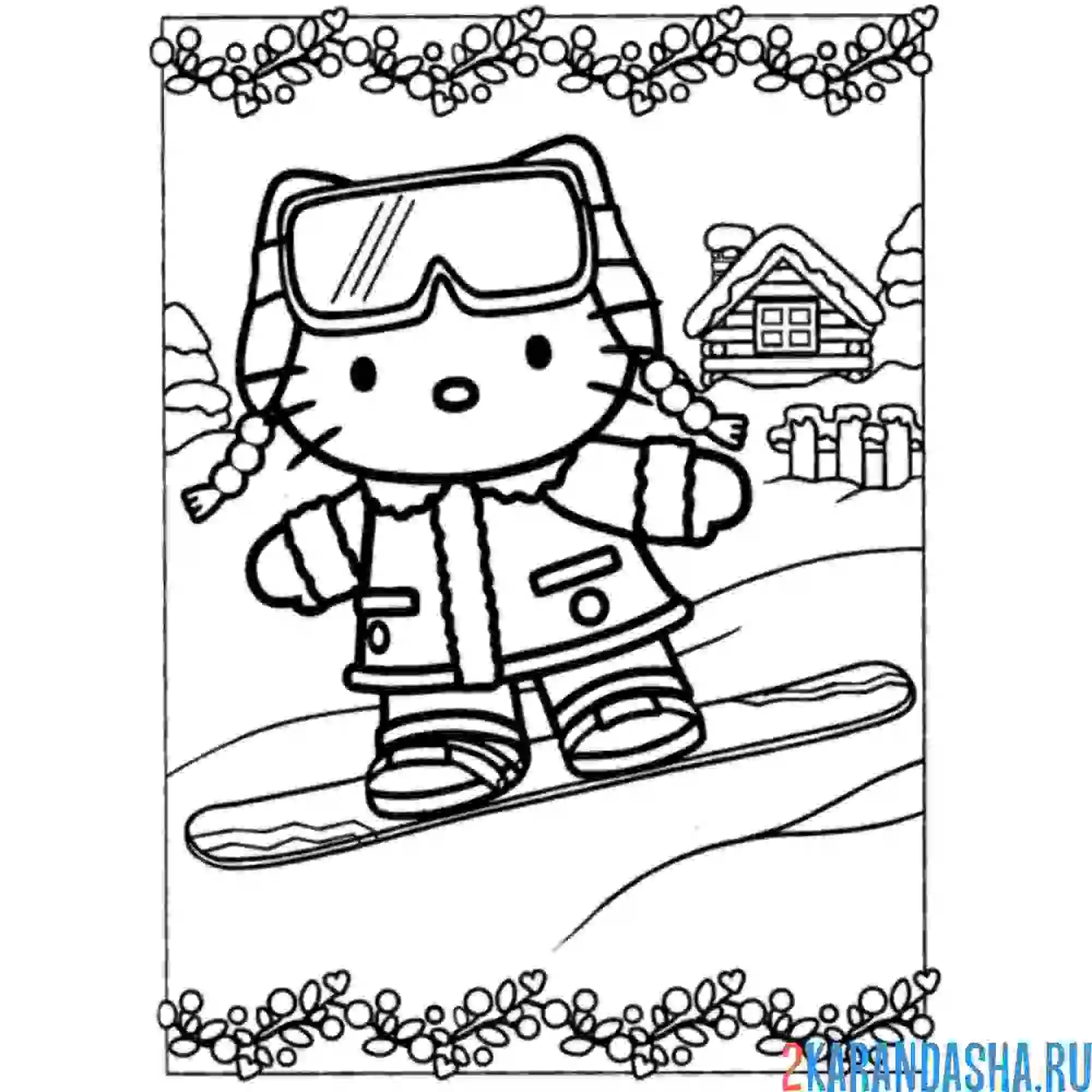 Раскраска хелло китти катается на сноуборде