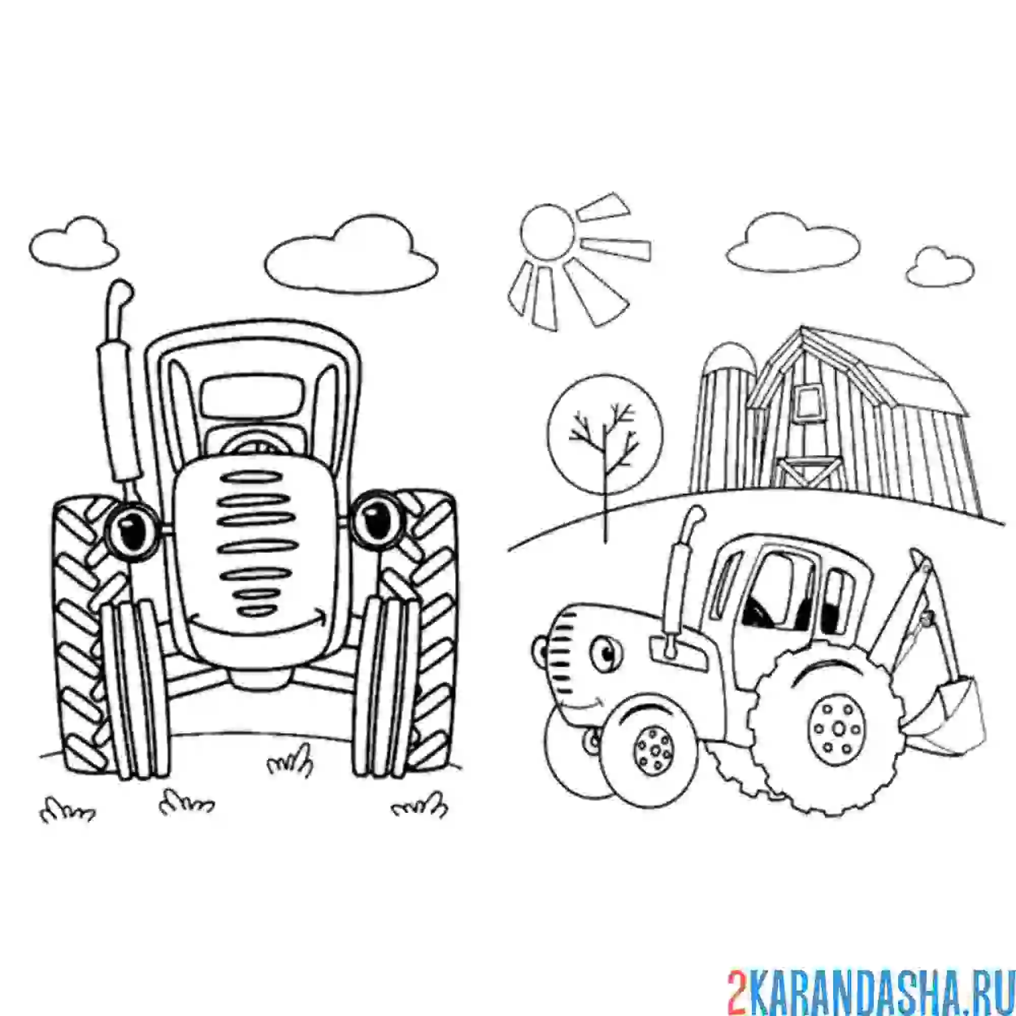 Раскраска синий трактор две картинки