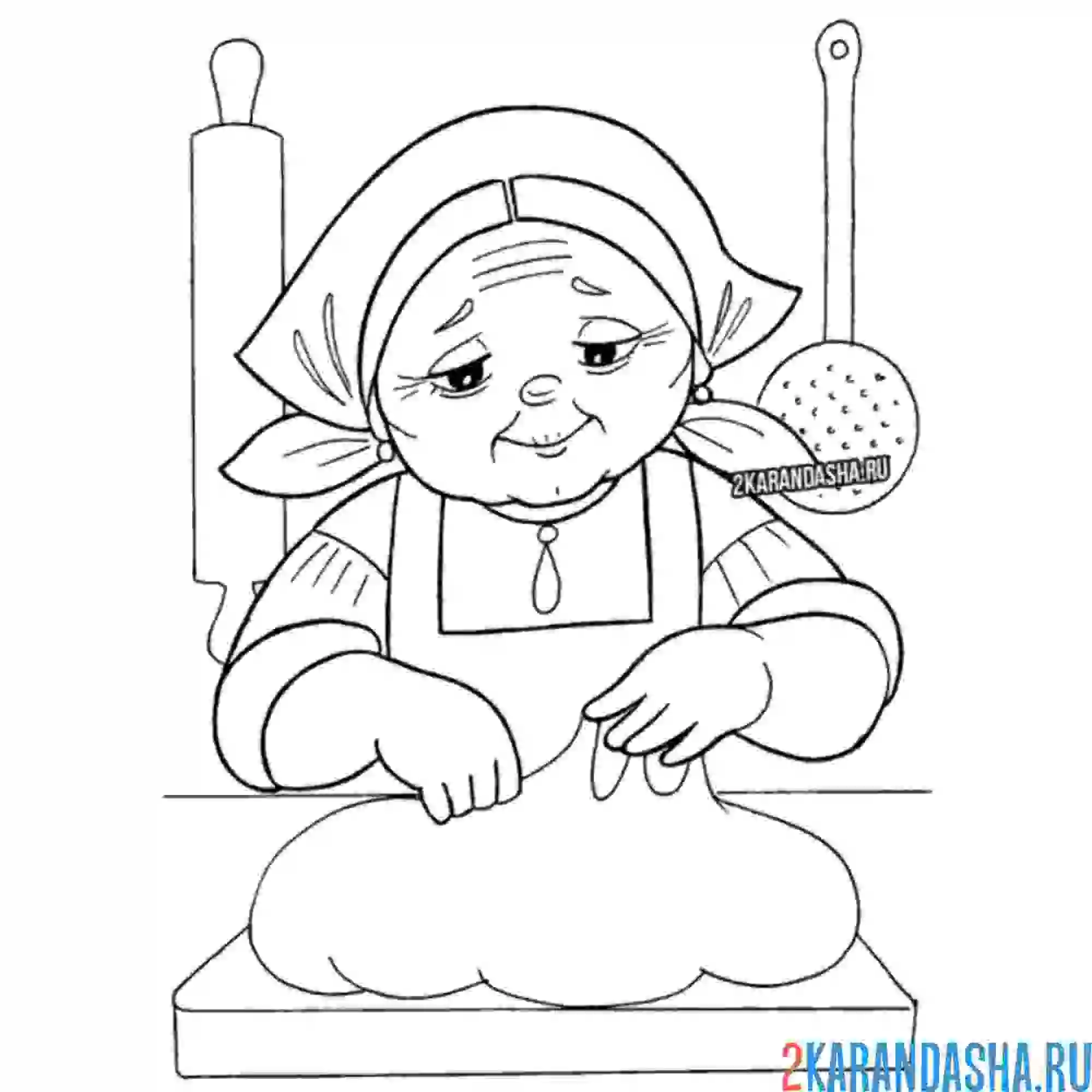 Раскраска бабушка печет колобка