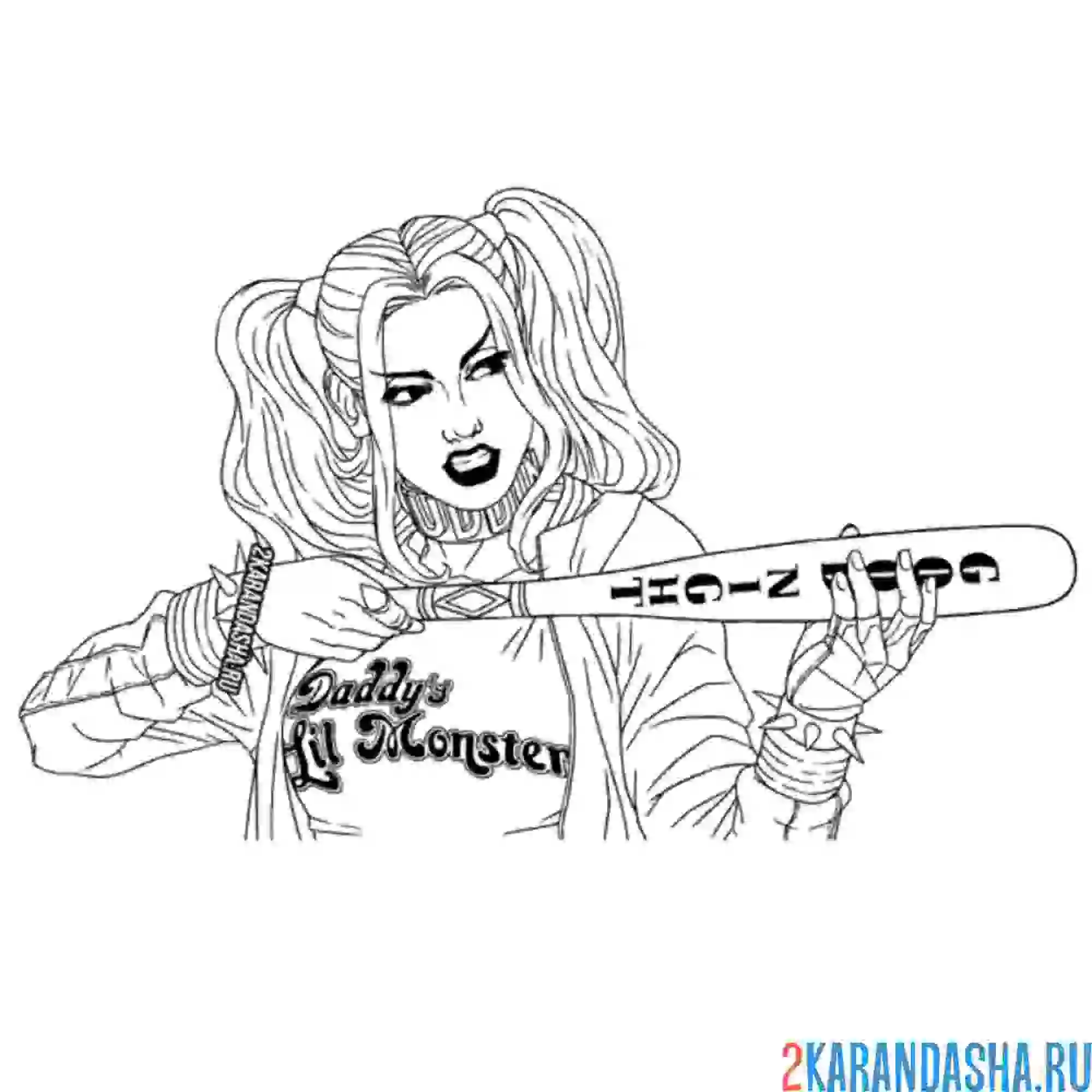 Раскраска харли квинн с битой в руке