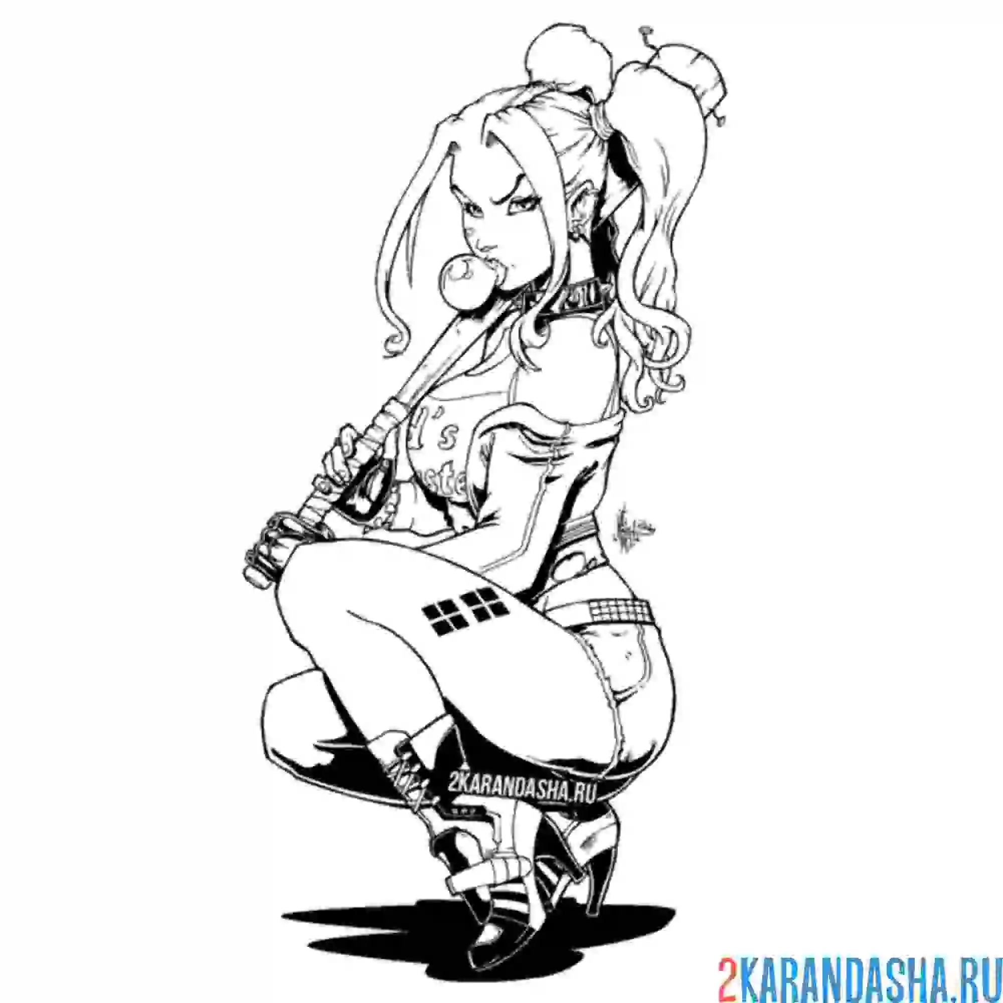 Раскраска харли квинн на корточках