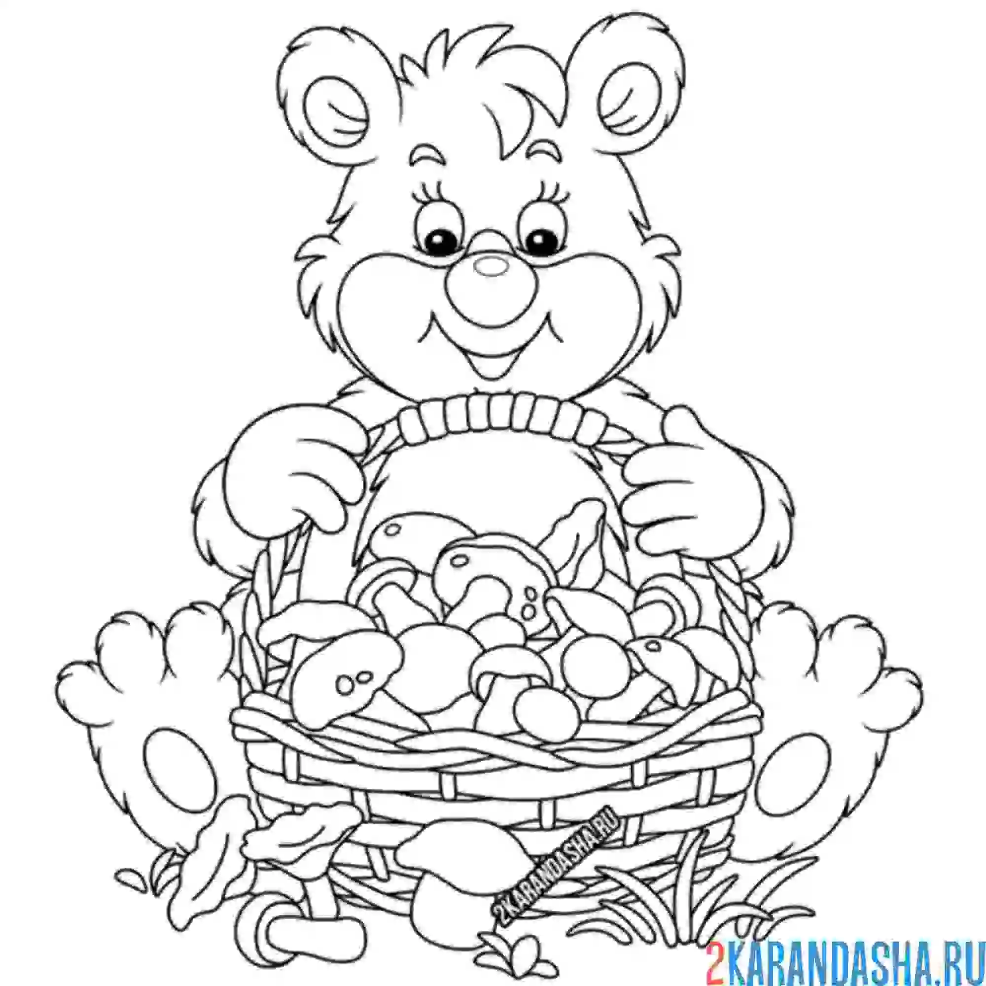 Раскраска мишками и корзинка с грибами